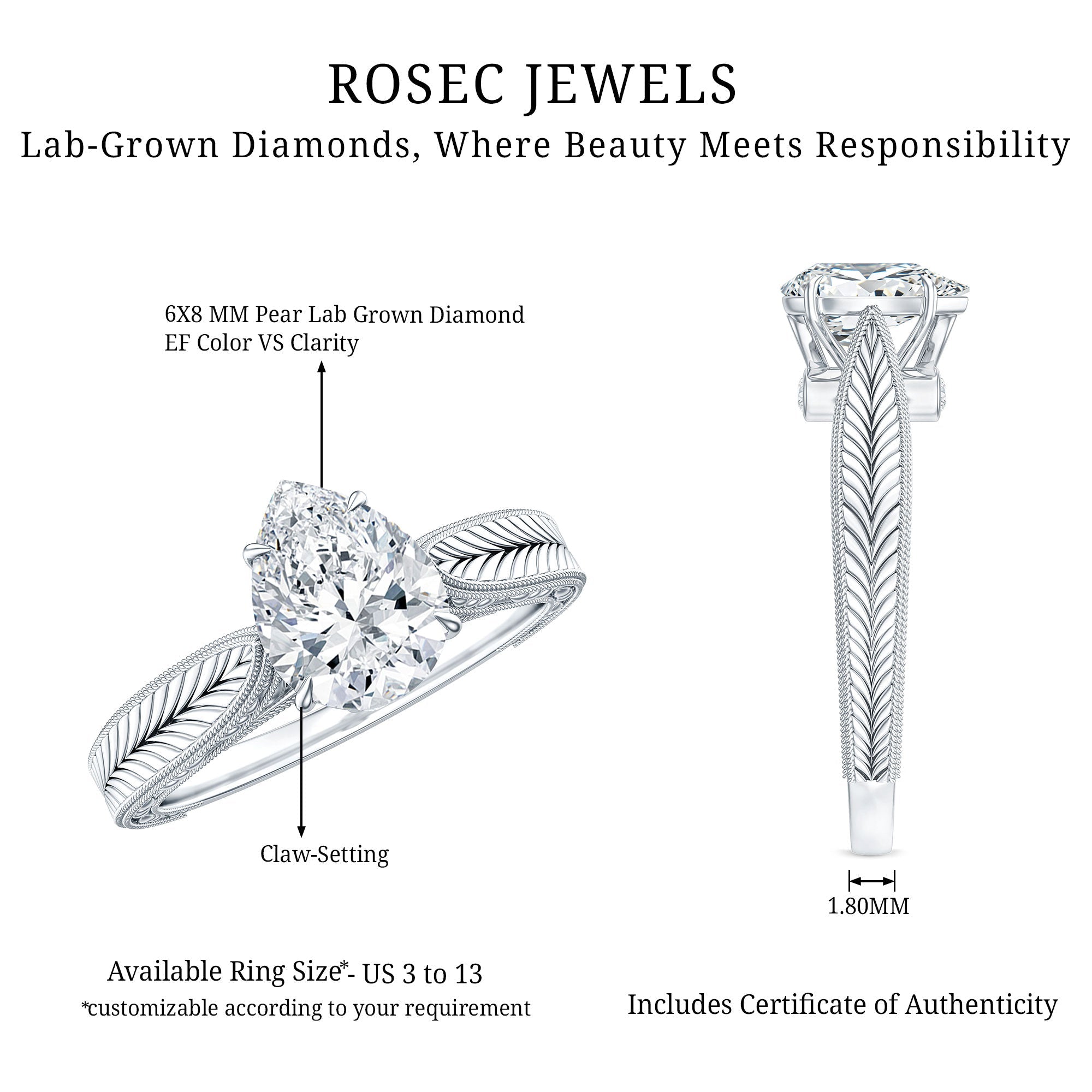6X8 mm Pear Lab Created Diamond Filigree Engagement Ring