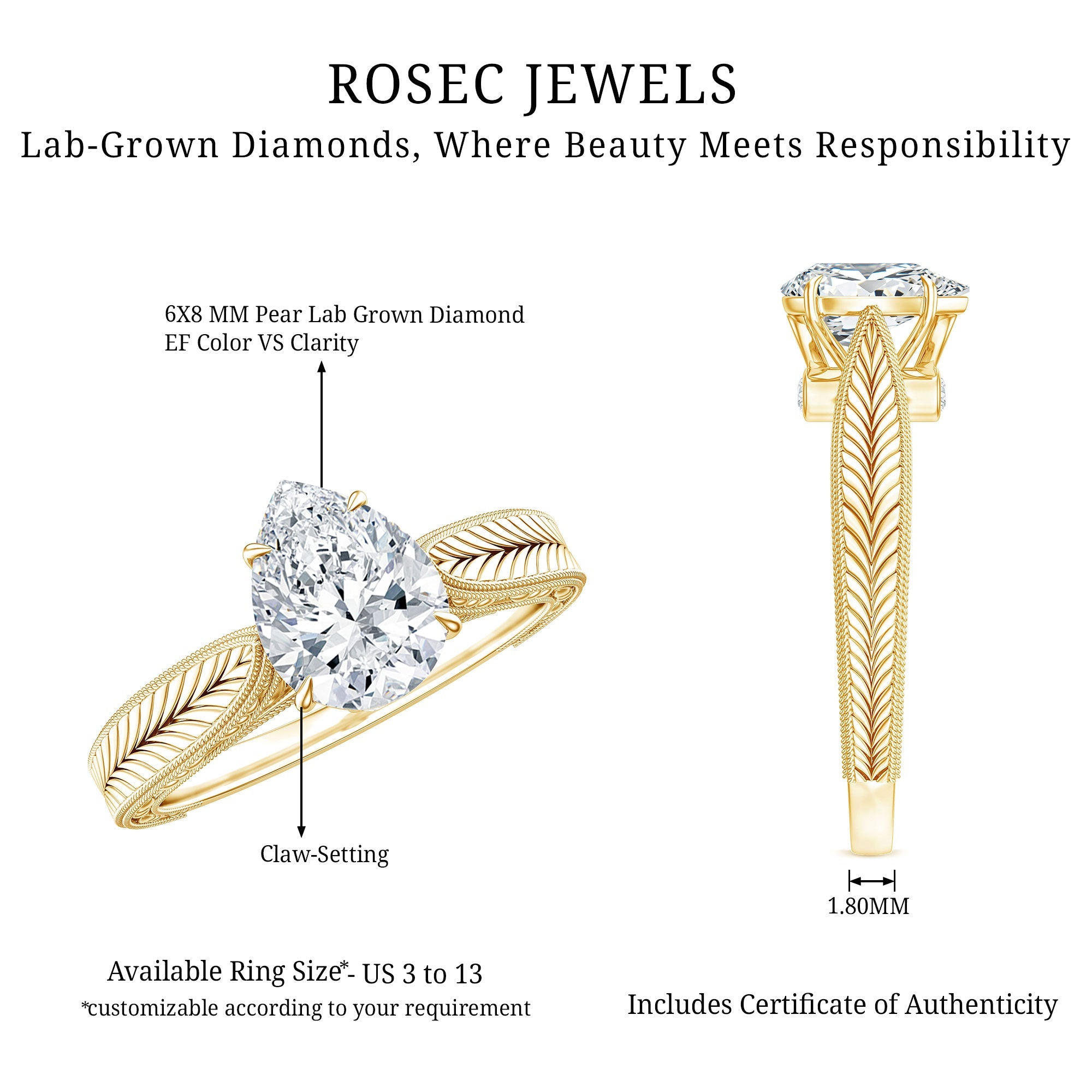 6X8 mm Pear Lab Created Diamond Filigree Engagement Ring