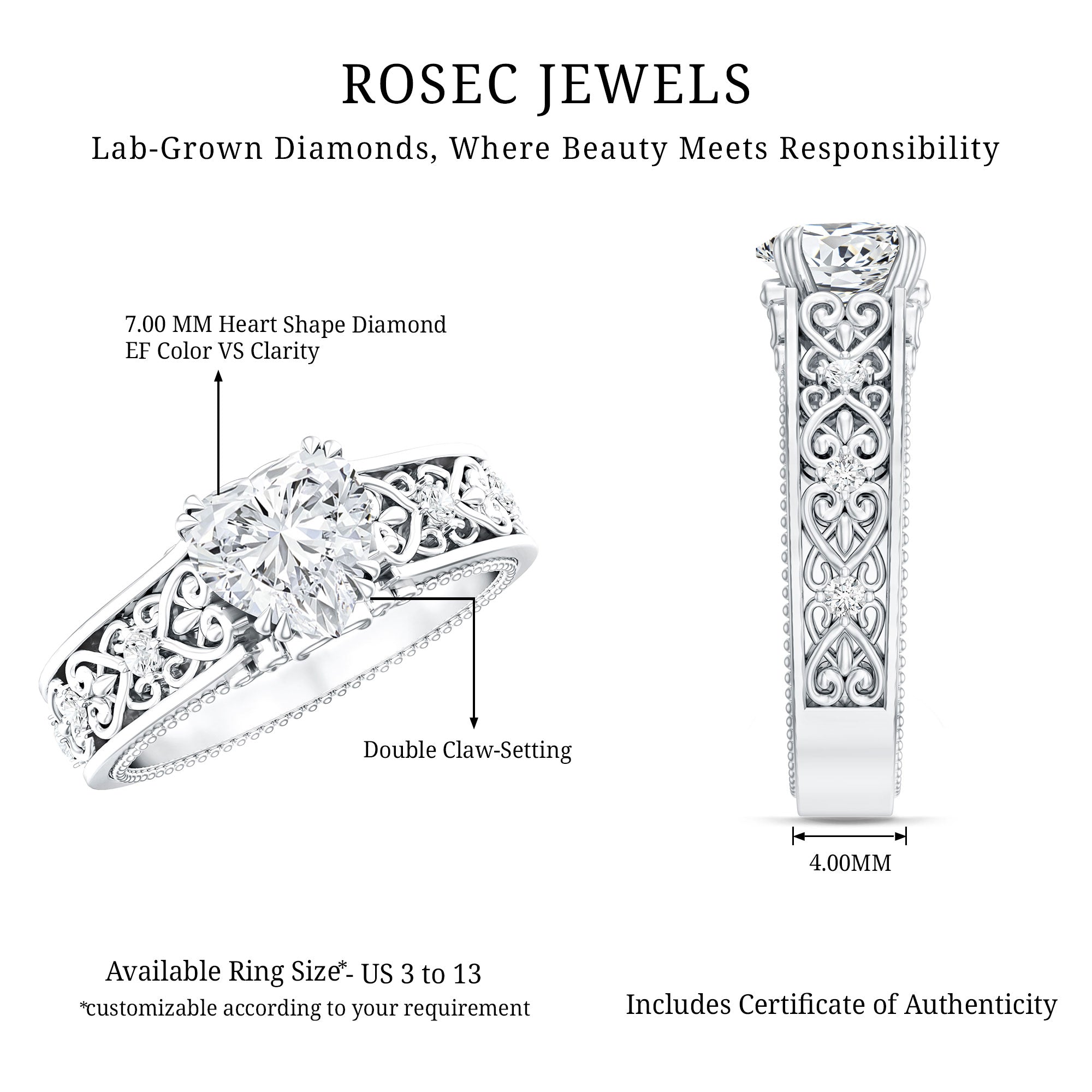 Certified 1 Carat Heart Lab Created Vintage Engagement Ring