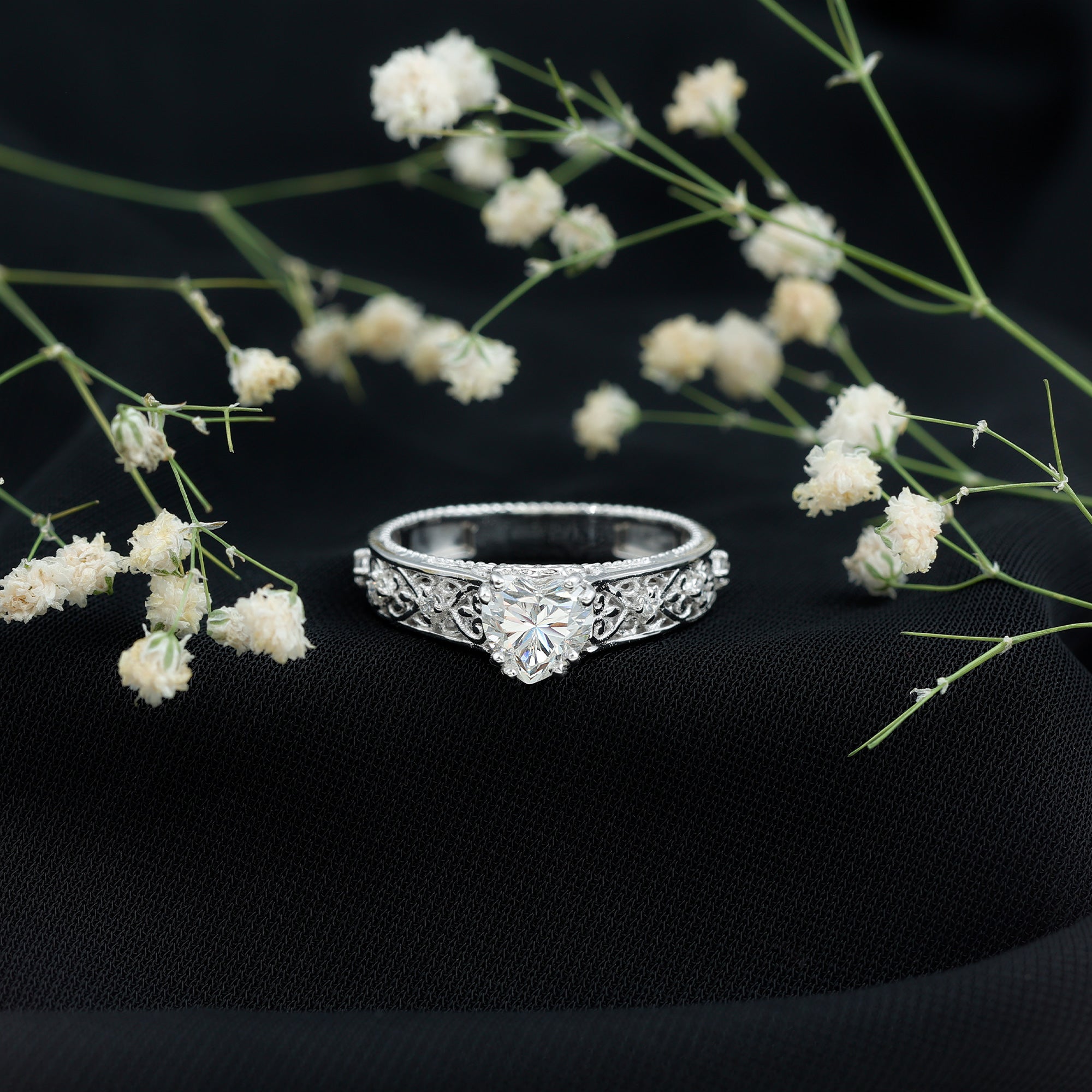 Certified 1 Carat Heart Lab Created Vintage Engagement Ring