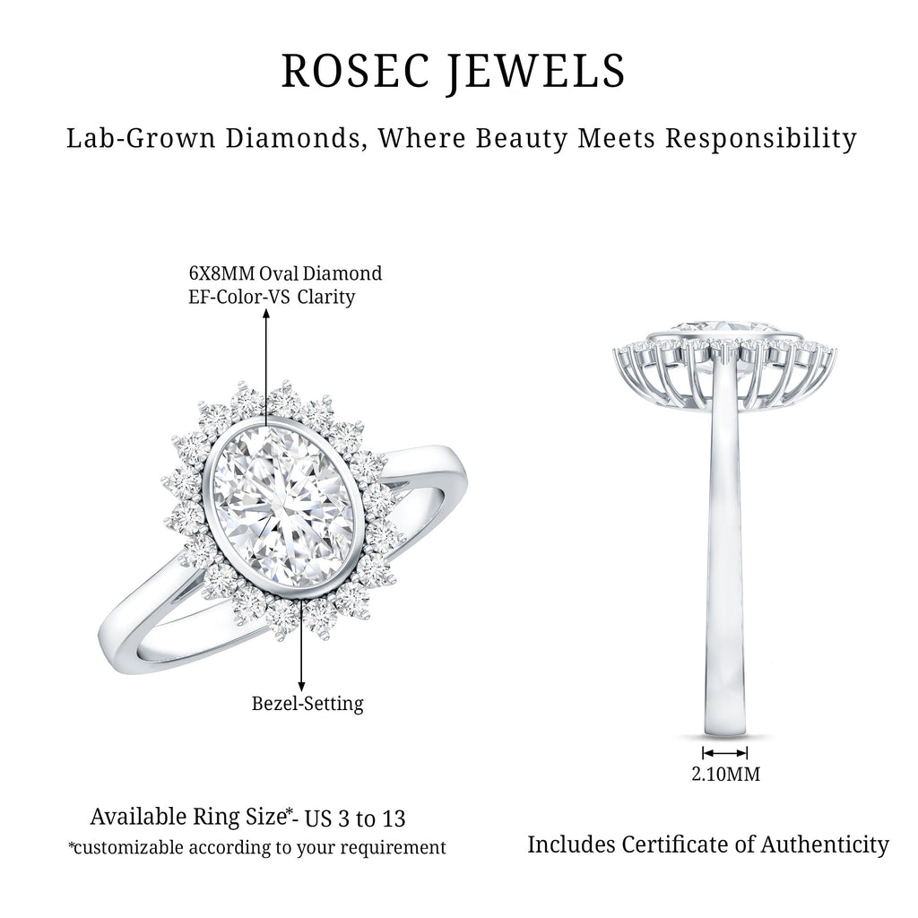 Oval Cut Lab Grown Diamond Halo Engagement Ring in Bezel Setting