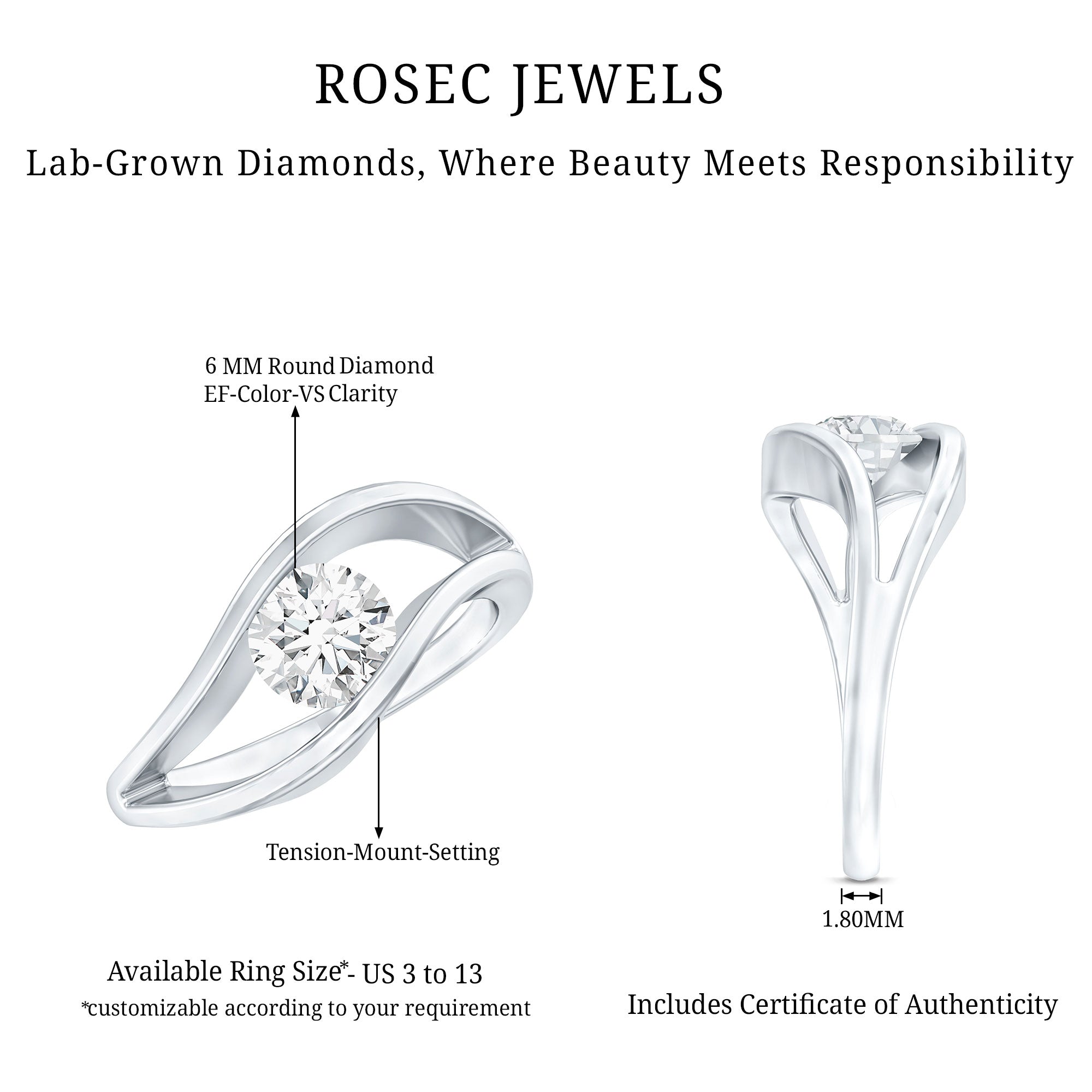 Certified 0.98 Carat Lab Created Diamond Round Engagement Ring in Tension Setting