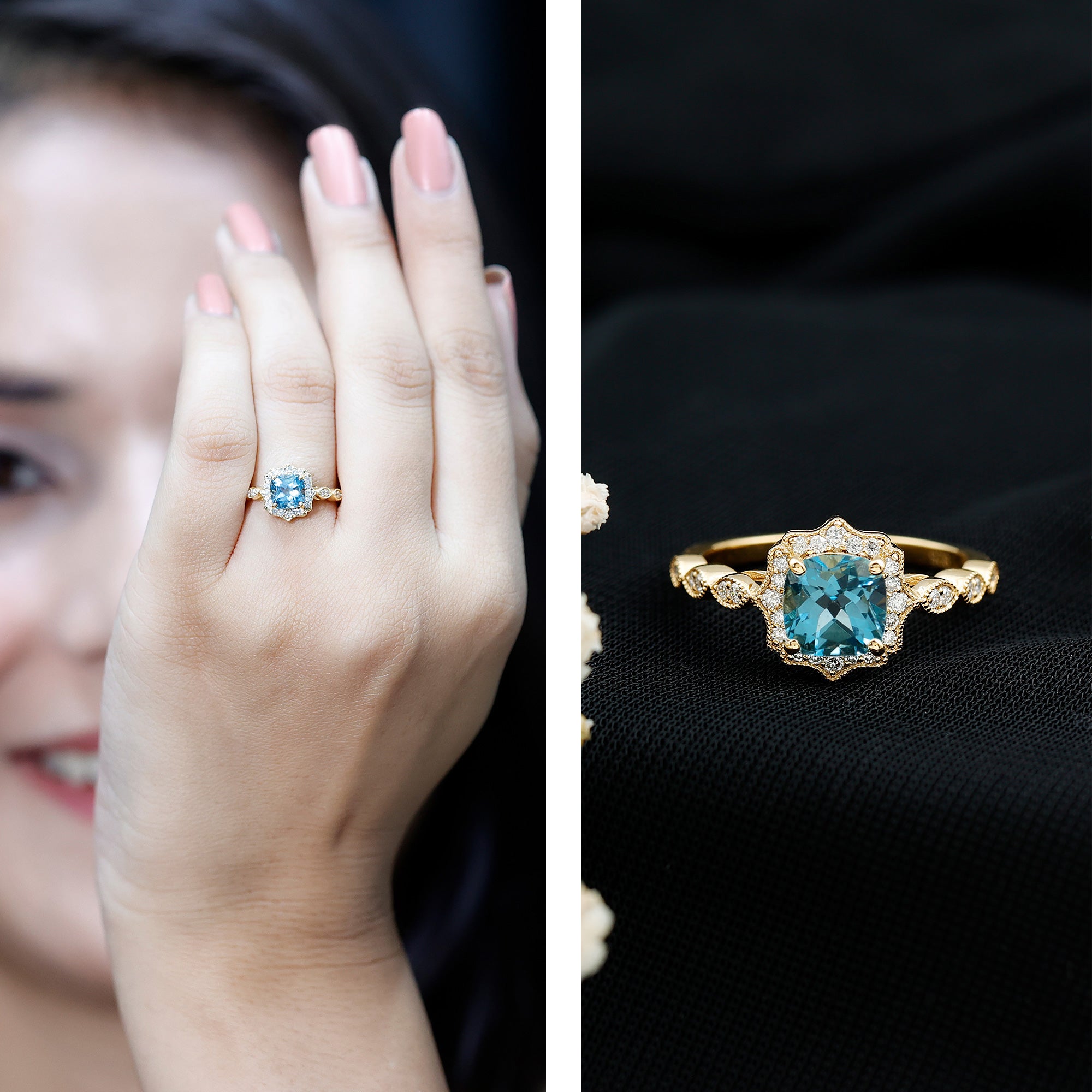 Vintage Looking Swiss Blue Topaz Diamond Engagement Ring in Silver