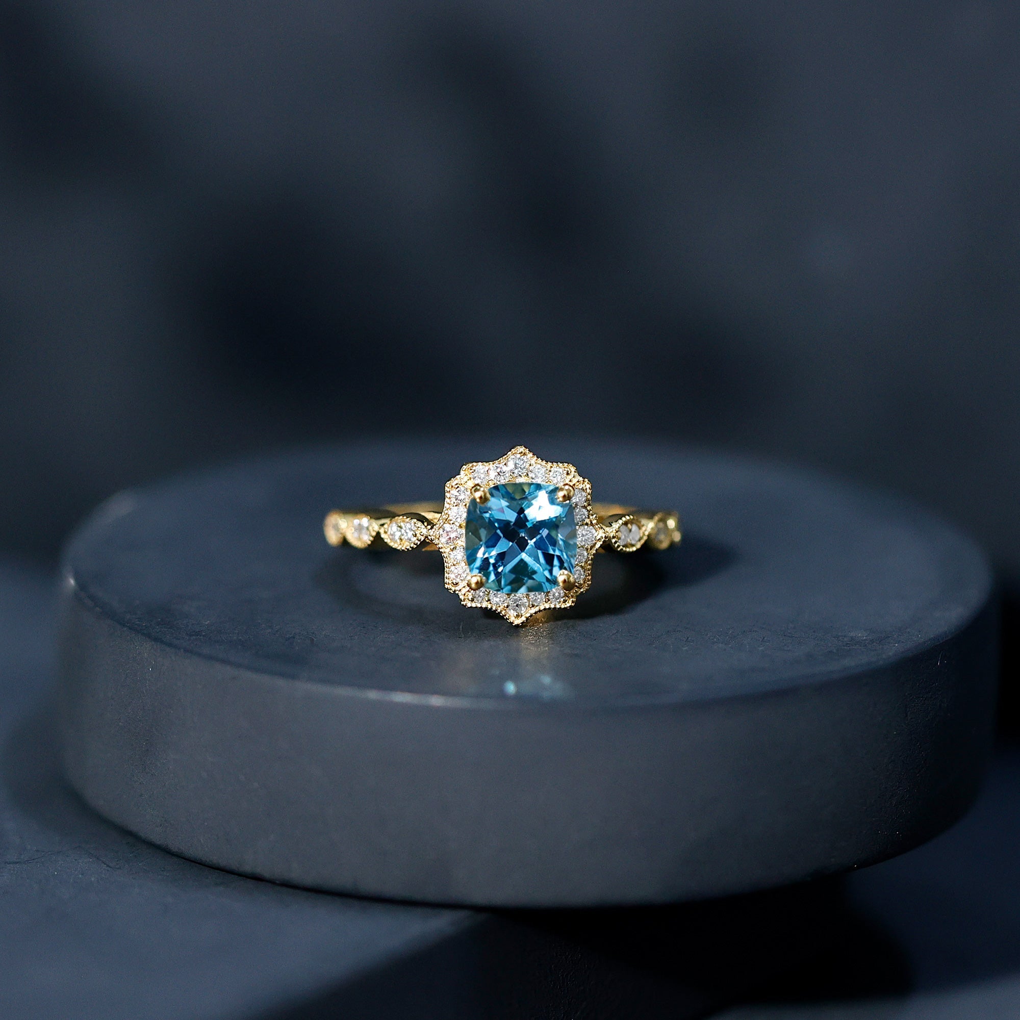 Vintage Looking Swiss Blue Topaz Diamond Engagement Ring in Silver