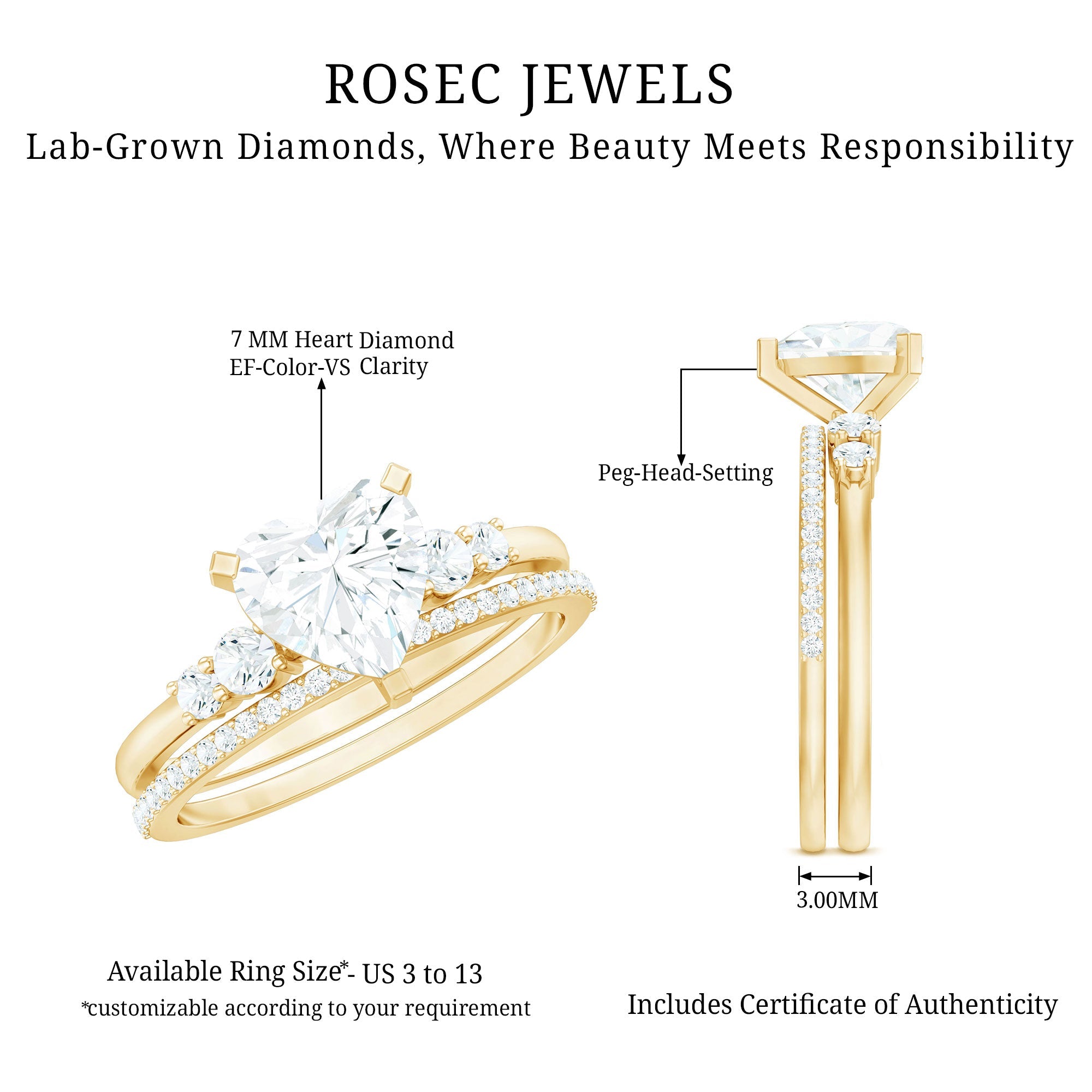 Certified Lab Grown Diamond 7MM Heart Bridal Ring Set