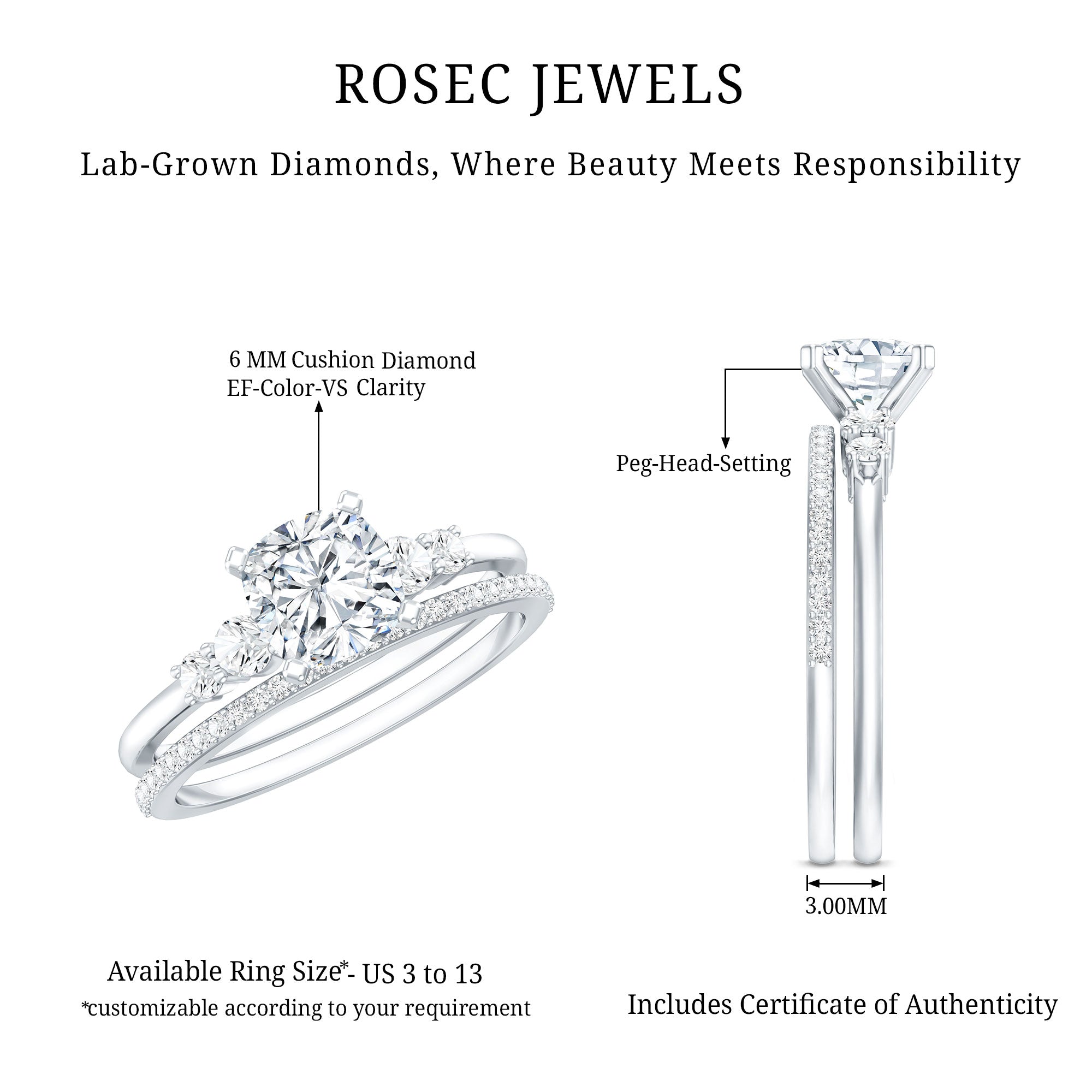 Lab Grown Diamond 6 MM Cushion Engagement Ring with Wedding band