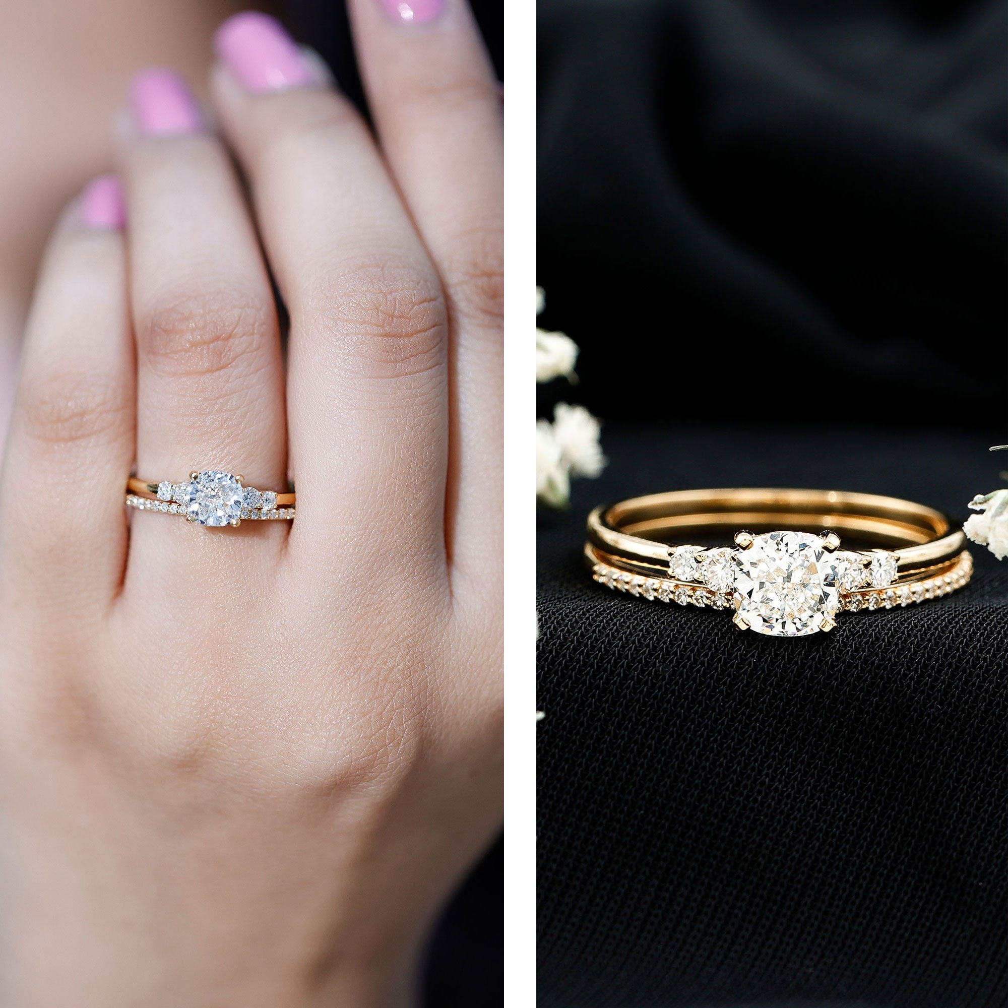 Lab Grown Diamond 6 MM Cushion Engagement Ring with Wedding band