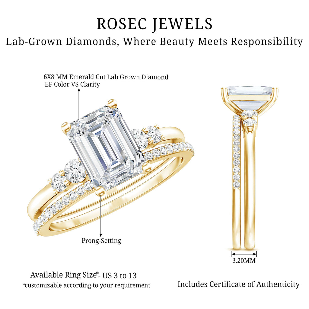 Certified Lab Grown Diamond 6X8MM Emerald Cut Engagement Ring with Band