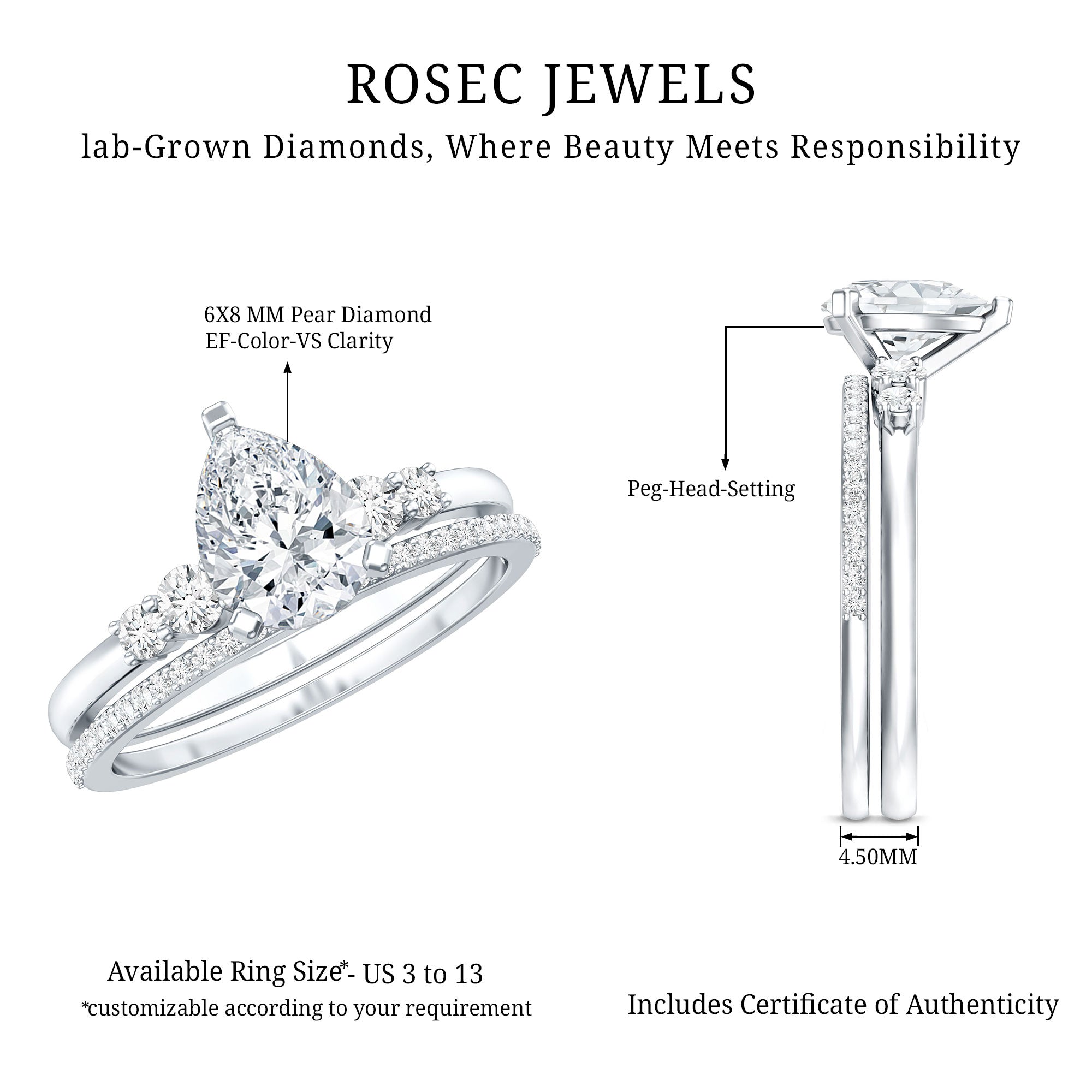 Certified Lab Grown Diamond 6X8 MM Teardrop Bridal Ring Set