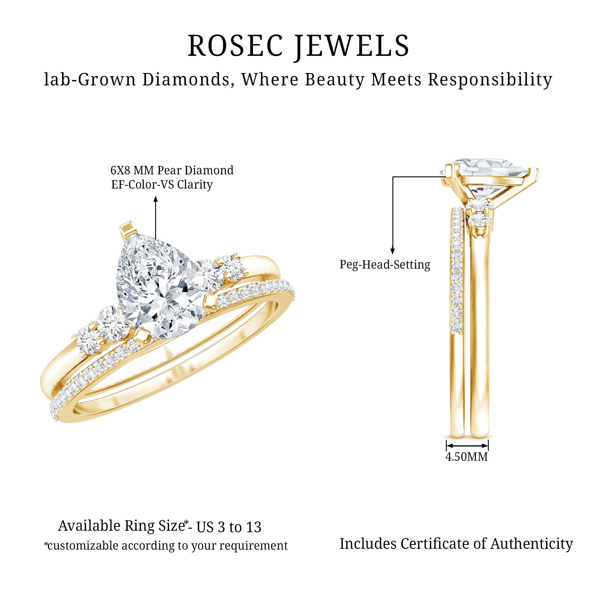 Certified Lab Grown Diamond 6X8 MM Teardrop Bridal Ring Set