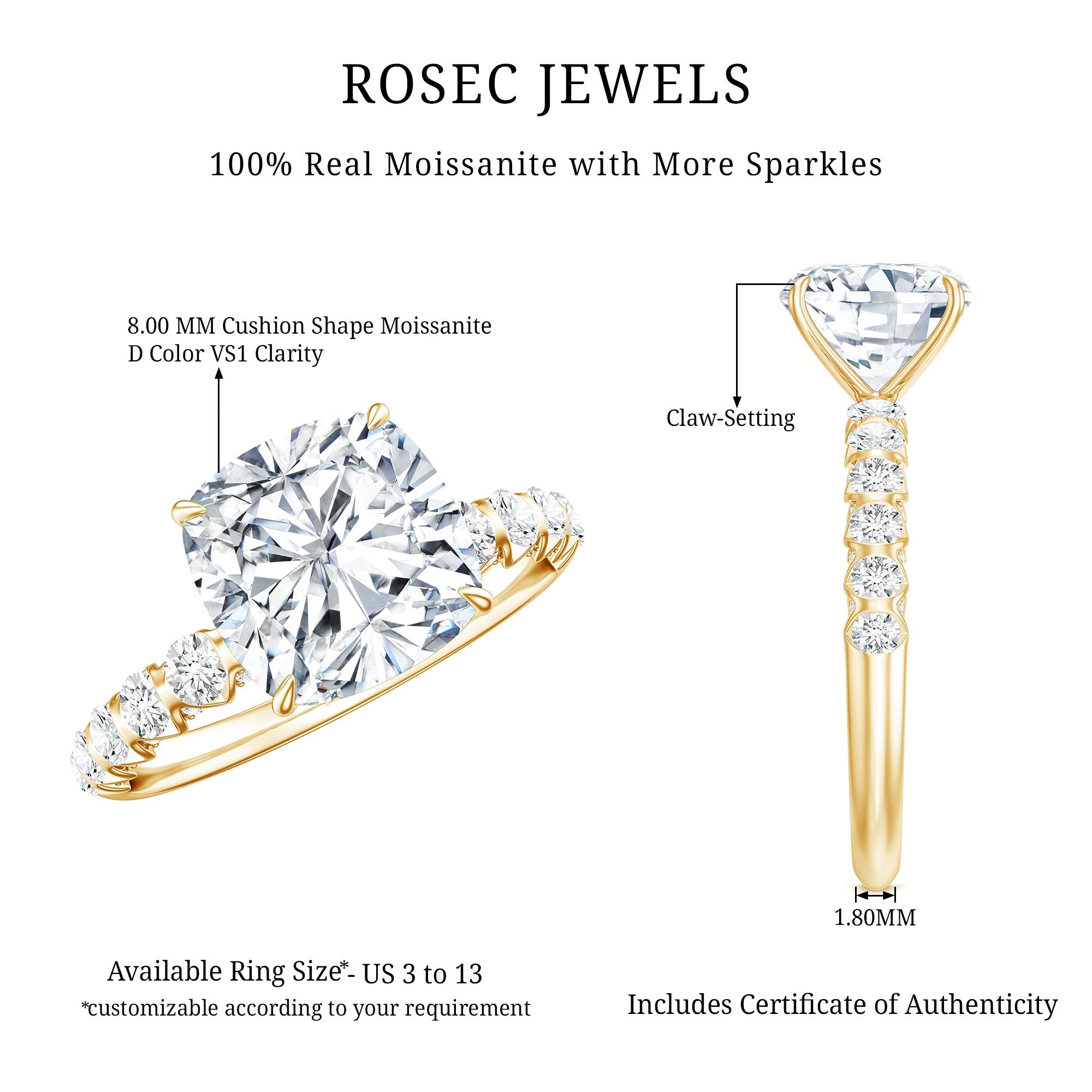 3 Carat IGI Certified Lab Grown Diamond Cushion Cut Engagement Ring with Side Stones