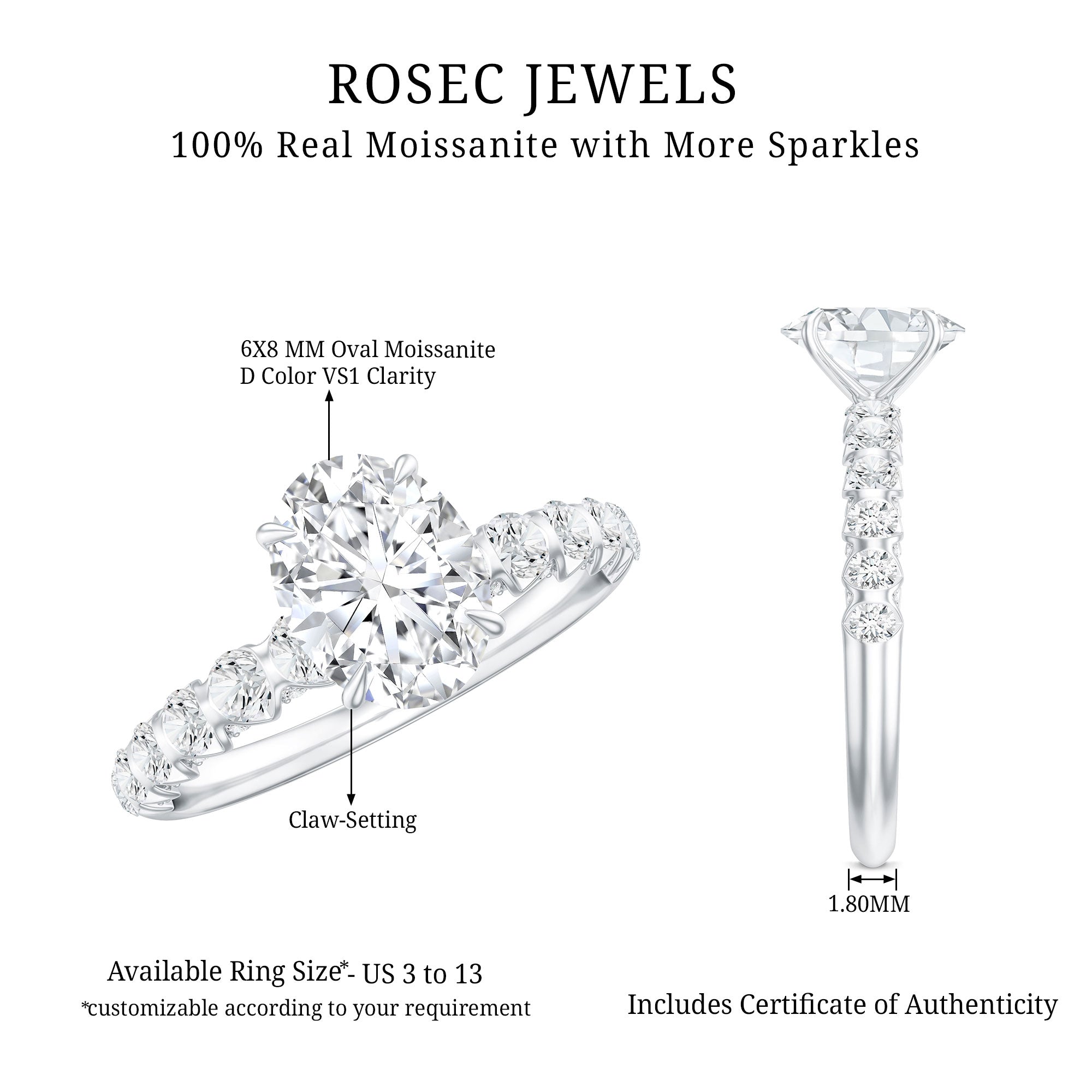 1 Carat Oval Cut Lab Grown Diamond Side Stone Engagement Ring IGI Certified