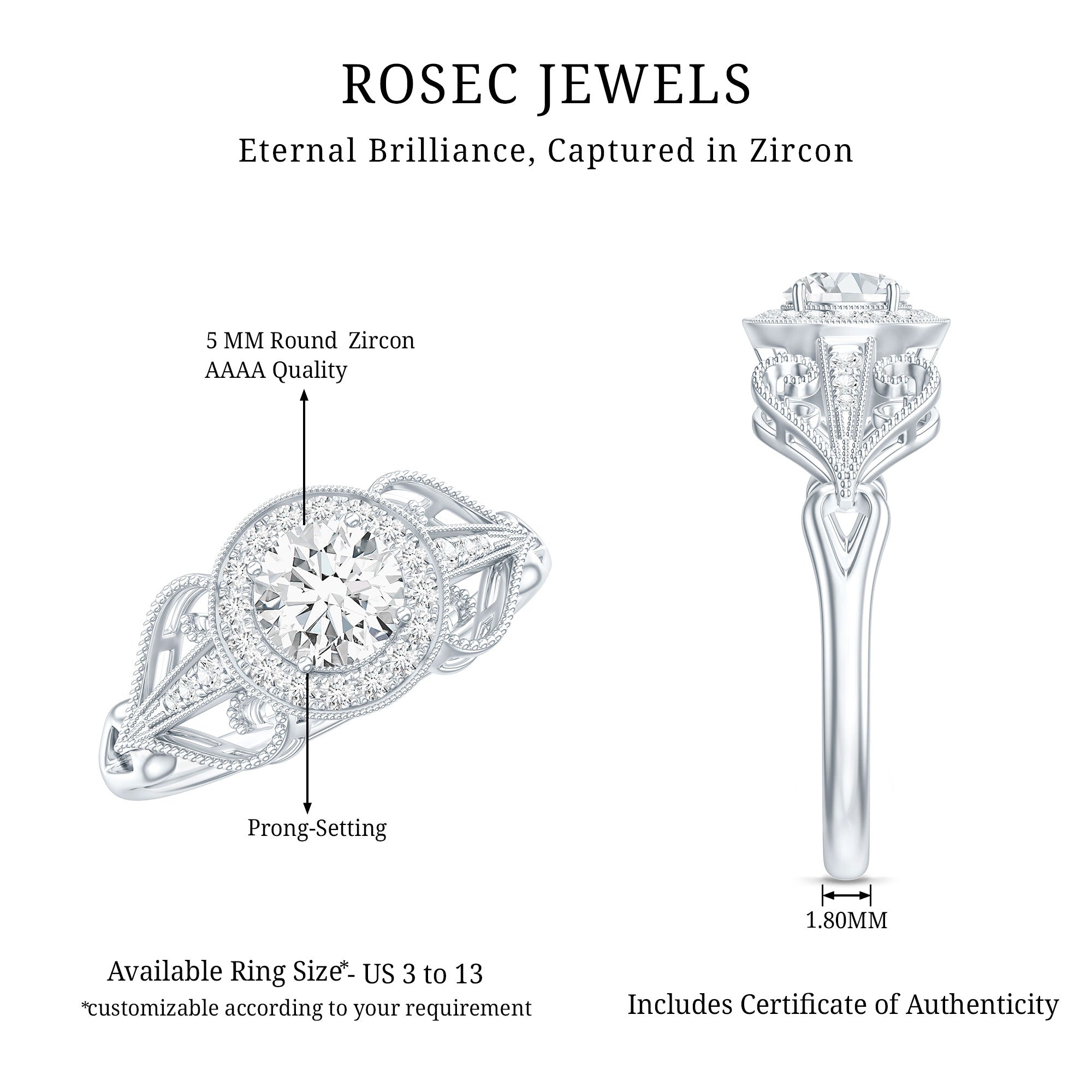 3/4 CT Statement Zircon Engagement Ring with Beaded Details