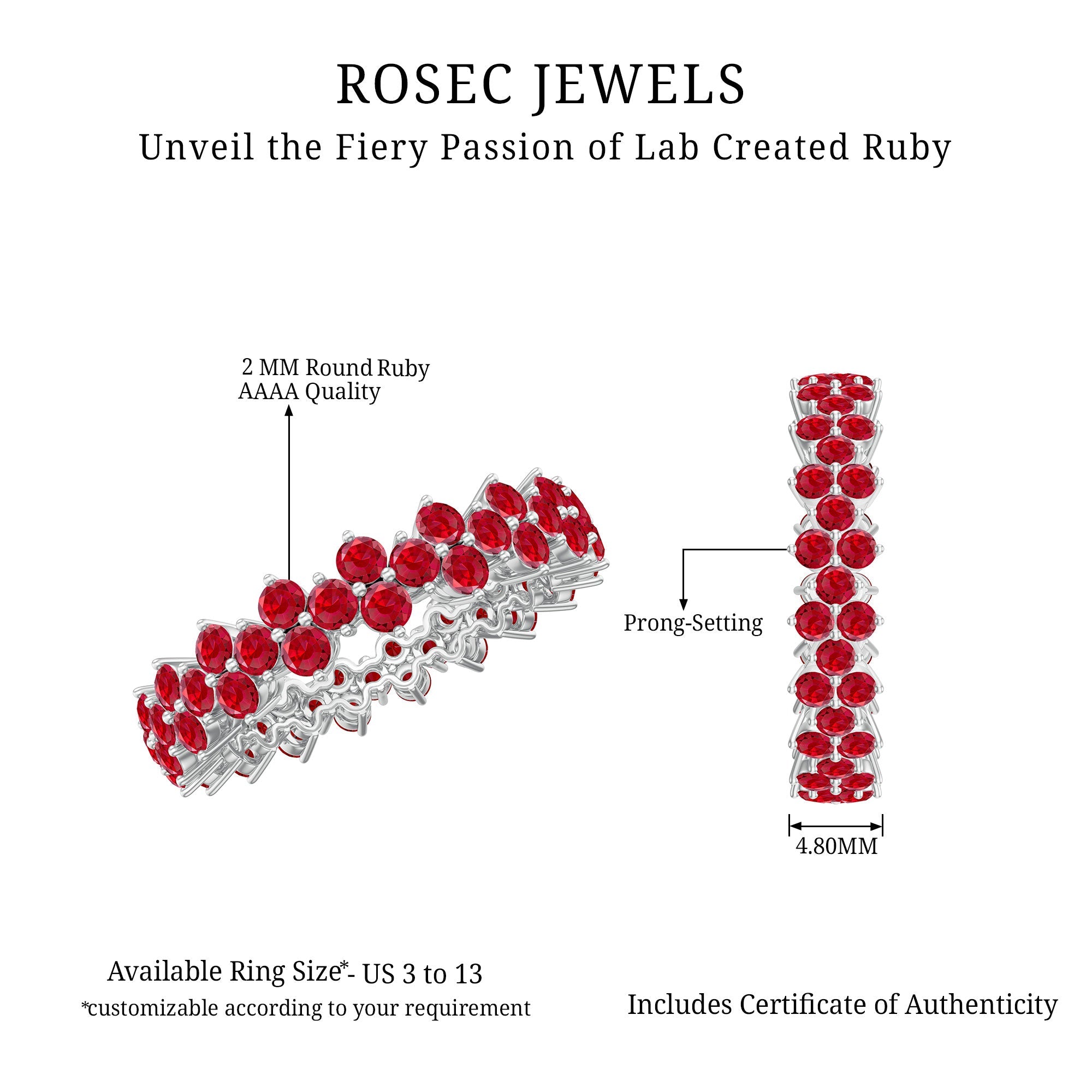 Round Lab Created Ruby Cluster Eternity Ring in Prong Setting