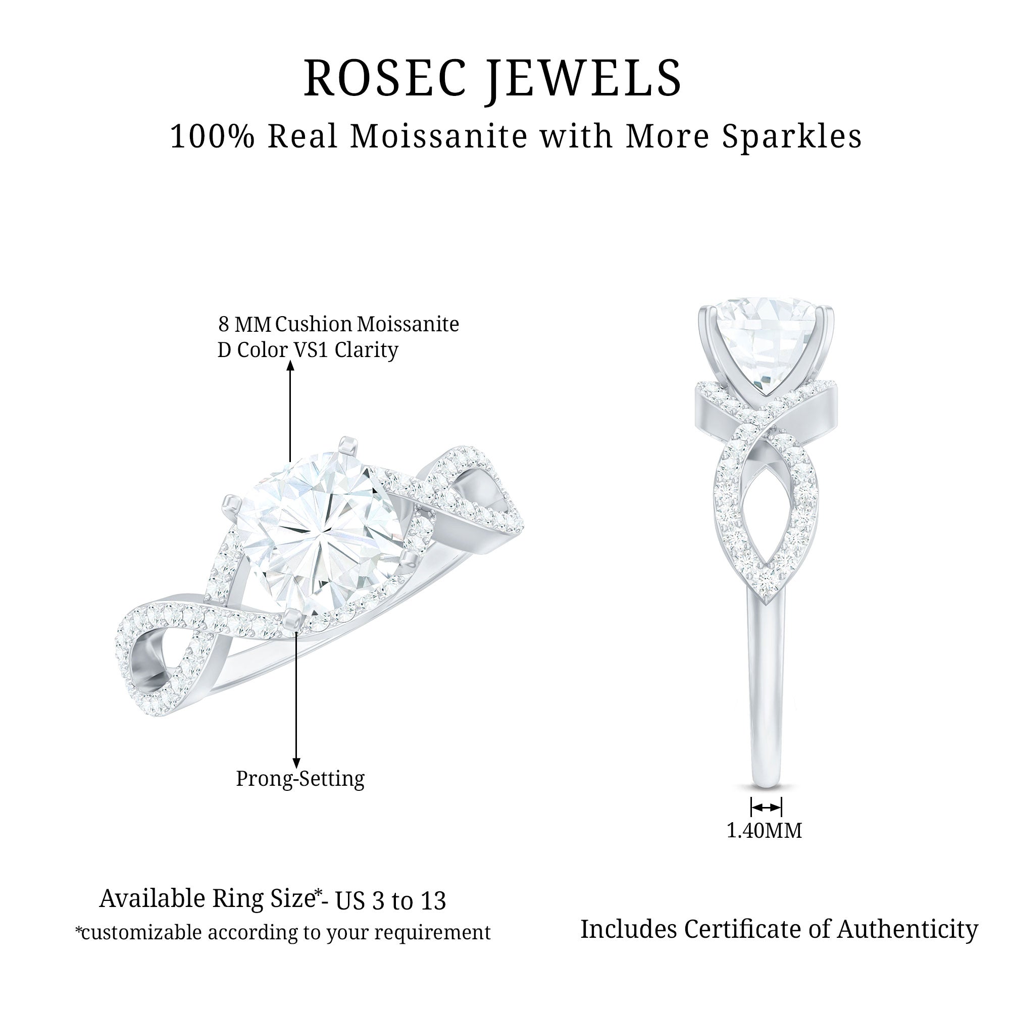 3 CT Cushion Cut Moissanite Solitaire Ring With Crossover Shank