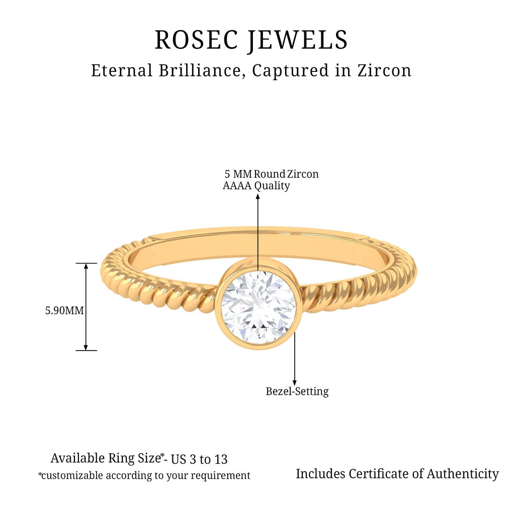 1/2 CT Bezel Set Zircon Solitaire Minimal Ring with Twisted Rope Details