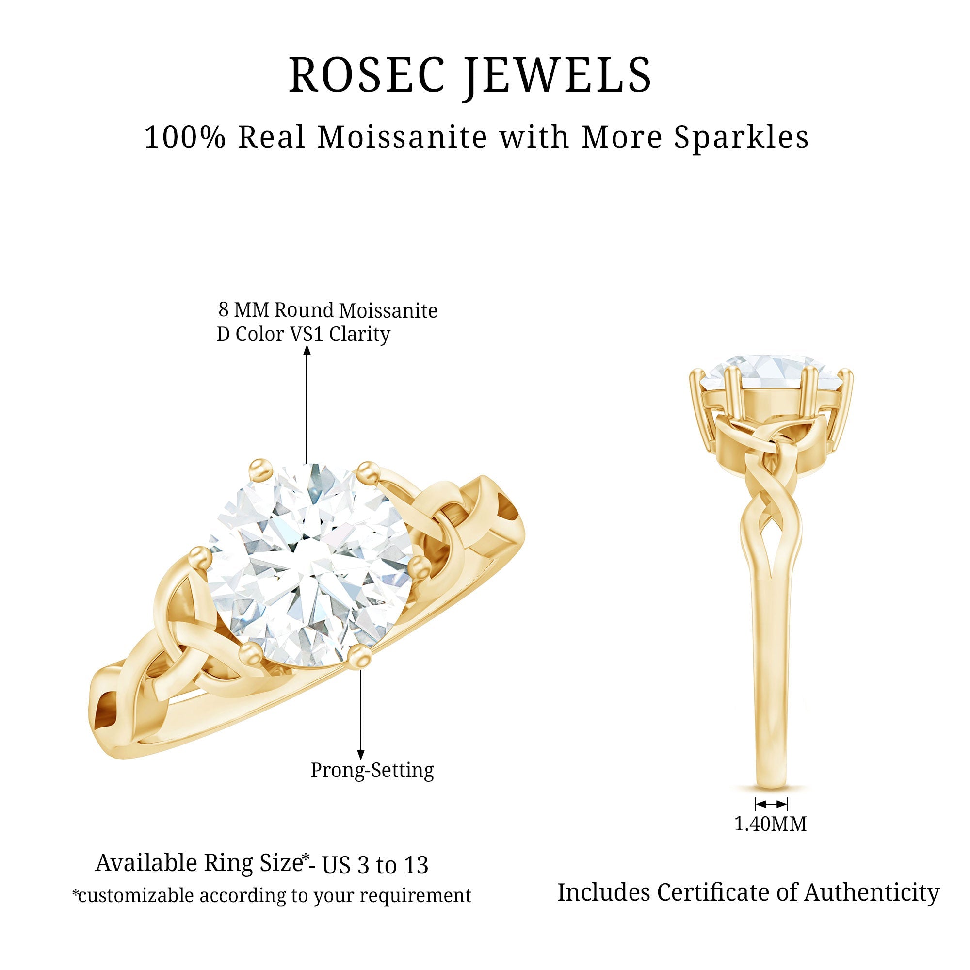 8 MM Round Cut Moissanite Celtic Design Engagement Ring