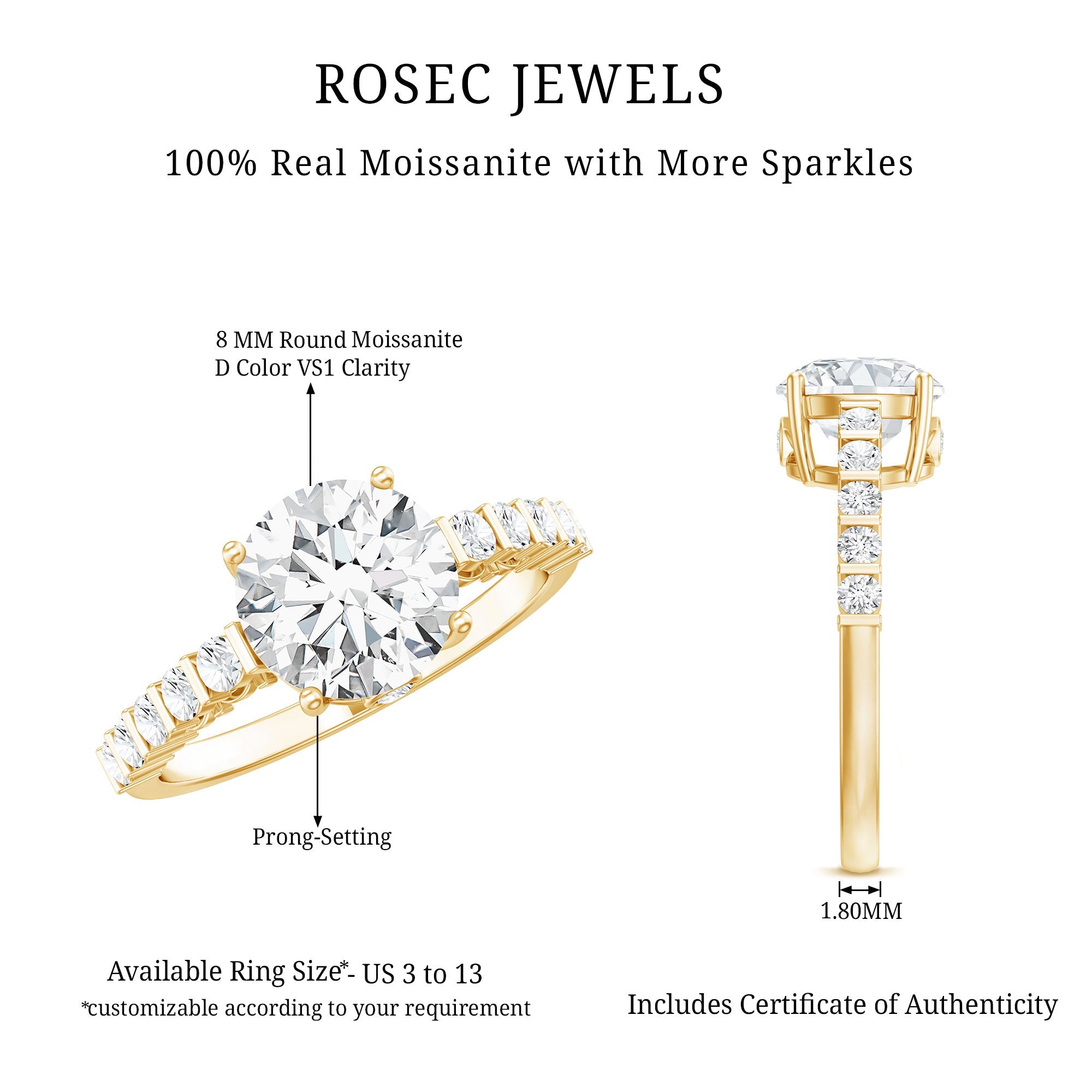 Solitaire Moissanite Engagement Ring with Side Stones