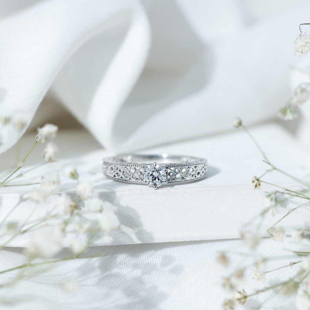 Cubic Zirconia Solitaire Vintage Inspired Filigree Ring in Claw Setting