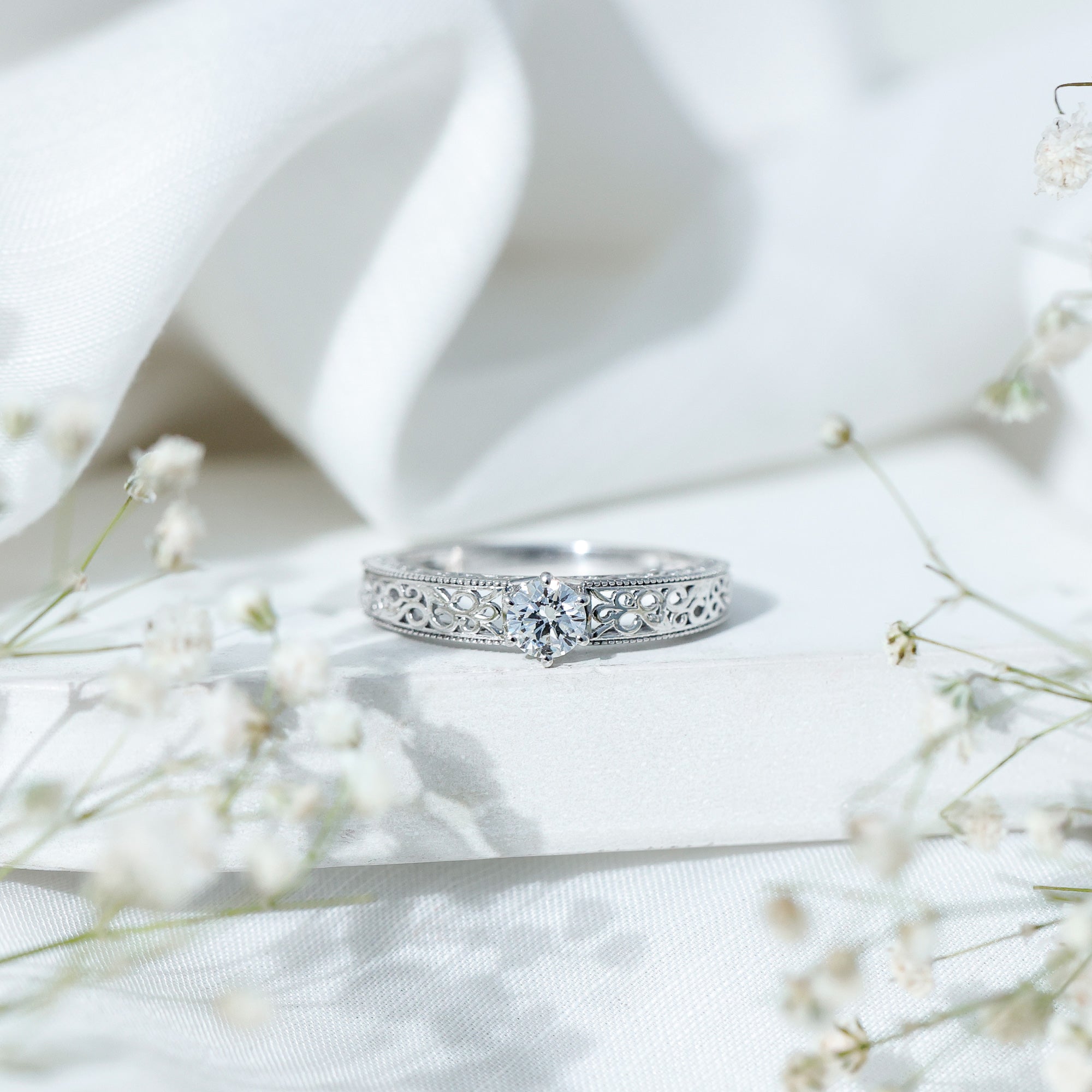 Cubic Zirconia Solitaire Vintage Inspired Filigree Ring in Claw Setting