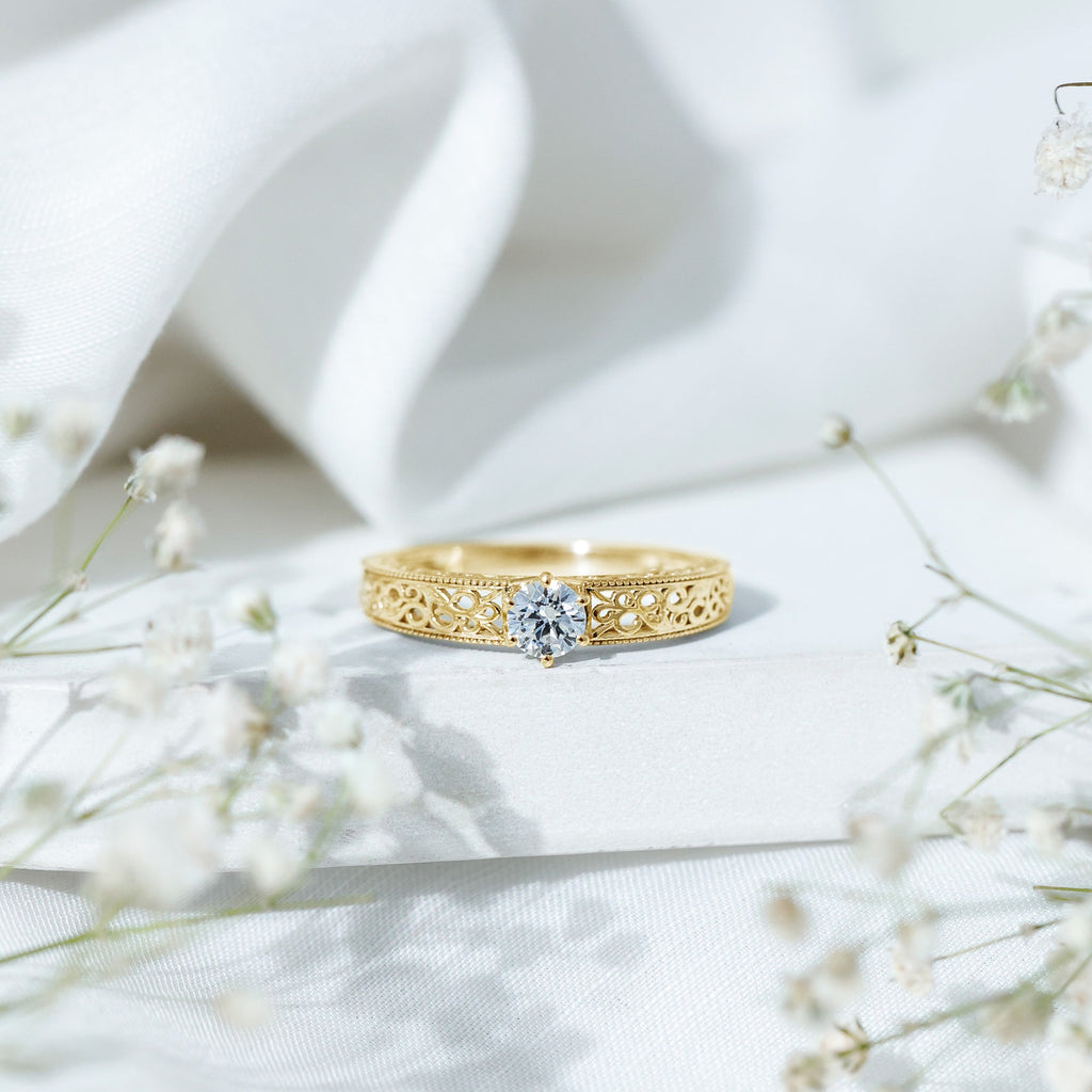 Cubic Zirconia Solitaire Vintage Inspired Filigree Ring in Claw Setting