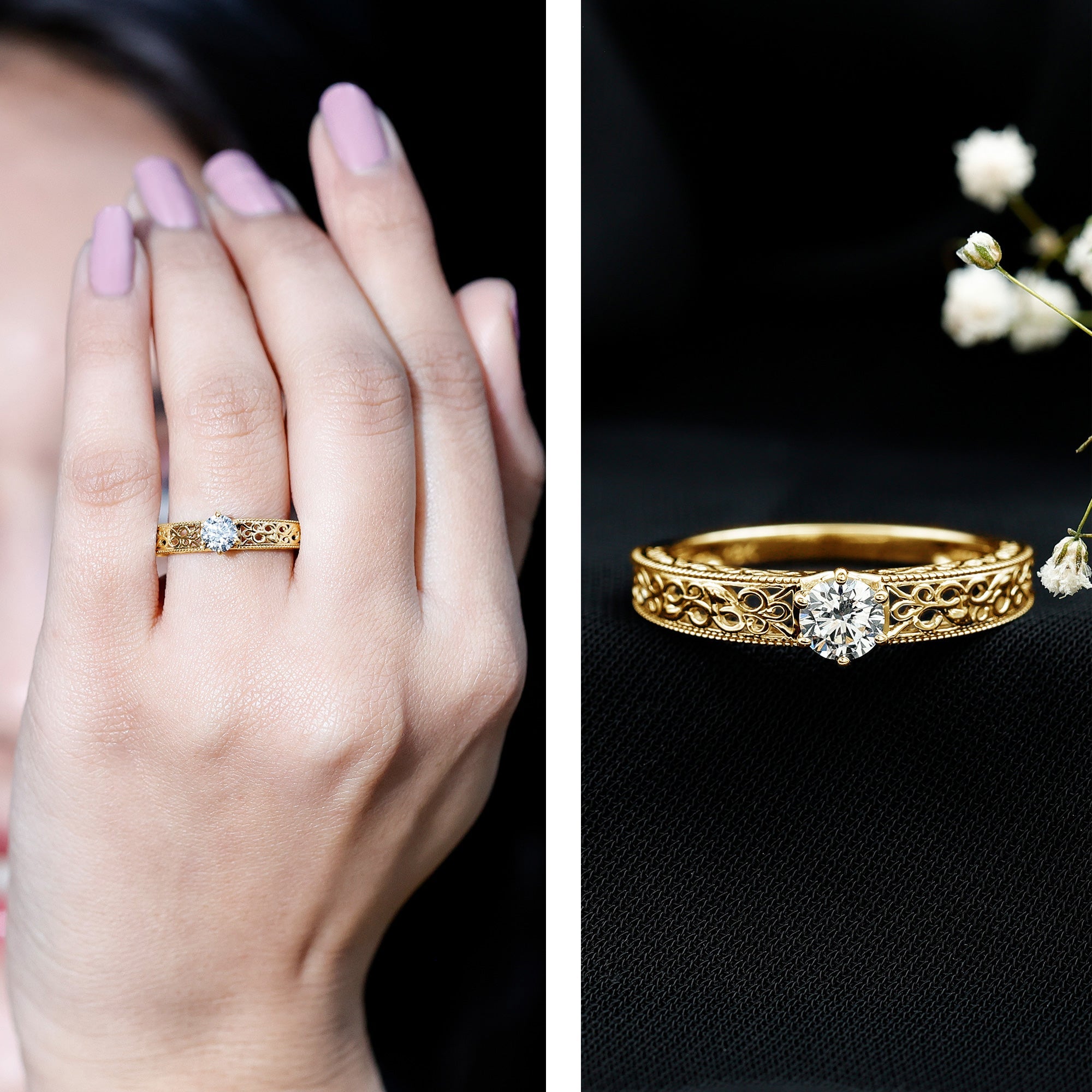 Cubic Zirconia Solitaire Vintage Inspired Filigree Ring in Claw Setting