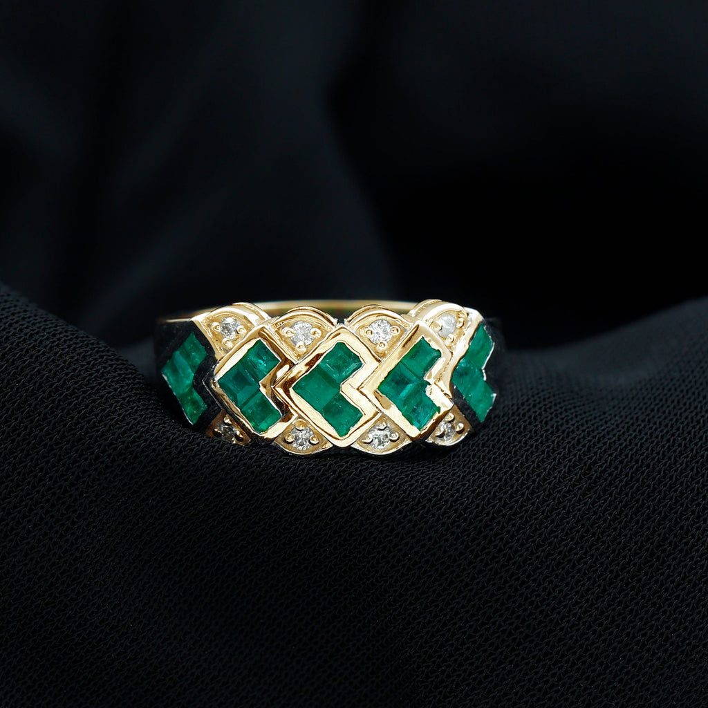 Princess Cut Emerald Statement Wedding Band with Diamonds