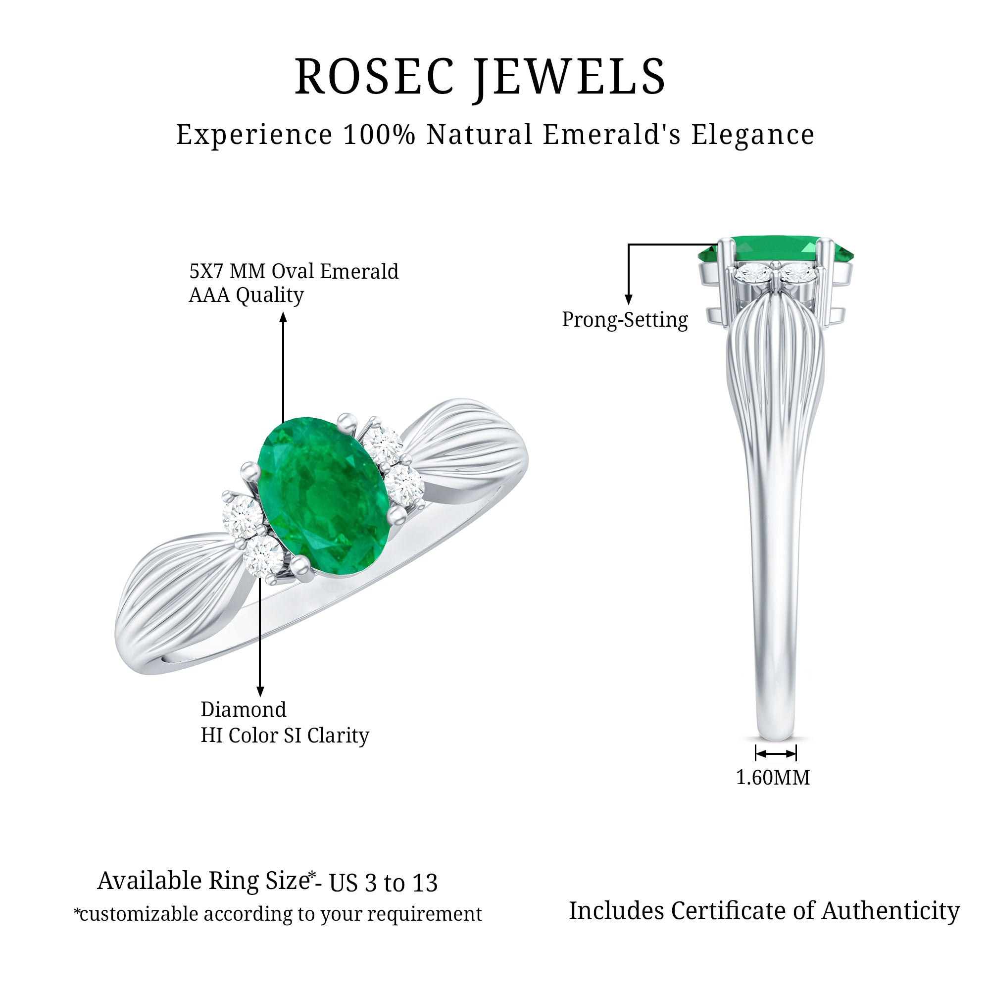Natural 5X7mm Emerald Oval Engagement Ring with Diamond