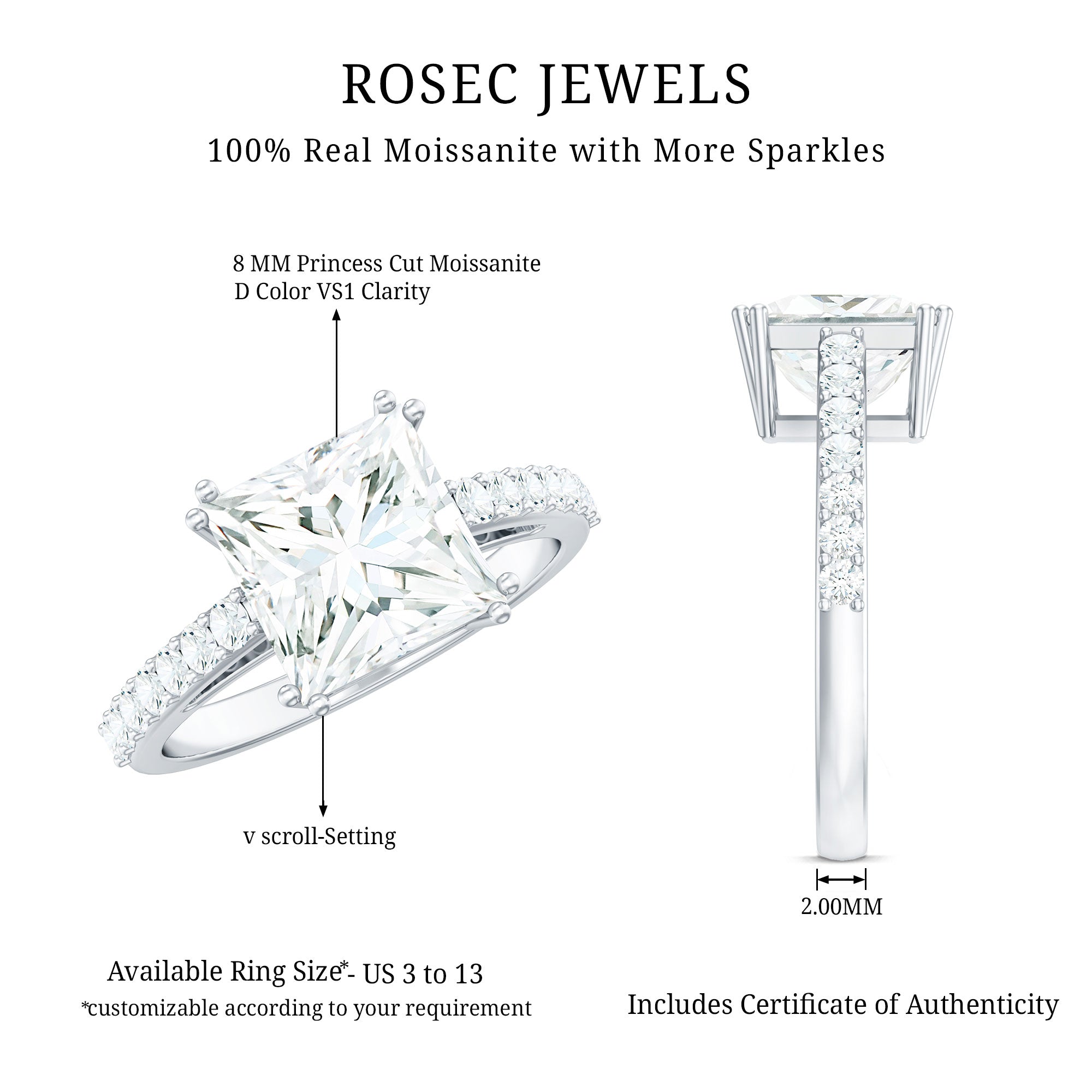 3 Carat Moissanite Princess Cut Engagement Ring With Double Prongs