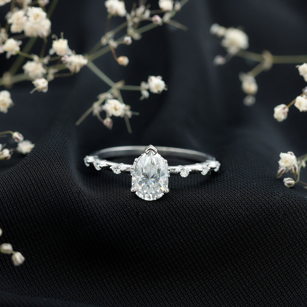 Brilliant Cut Moissanite Pear Shape Engagement Ring with Hidden Halo