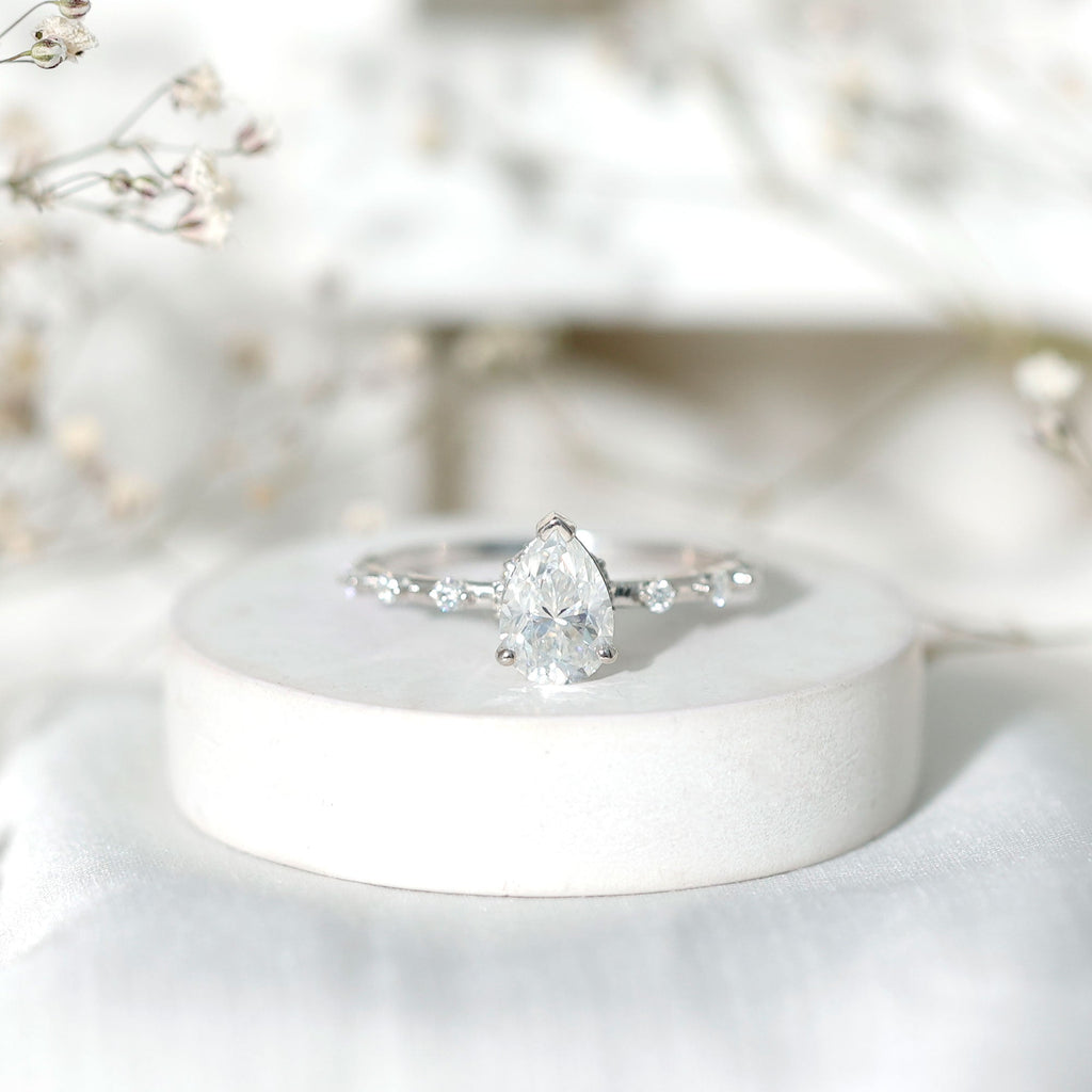 Brilliant Cut Moissanite Pear Shape Engagement Ring with Hidden Halo