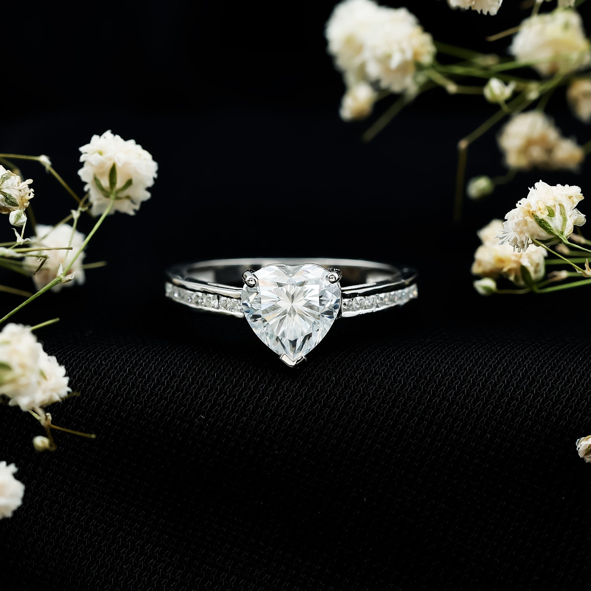 Moissanite 2 Carat Heart Engagement Ring with Side Stones