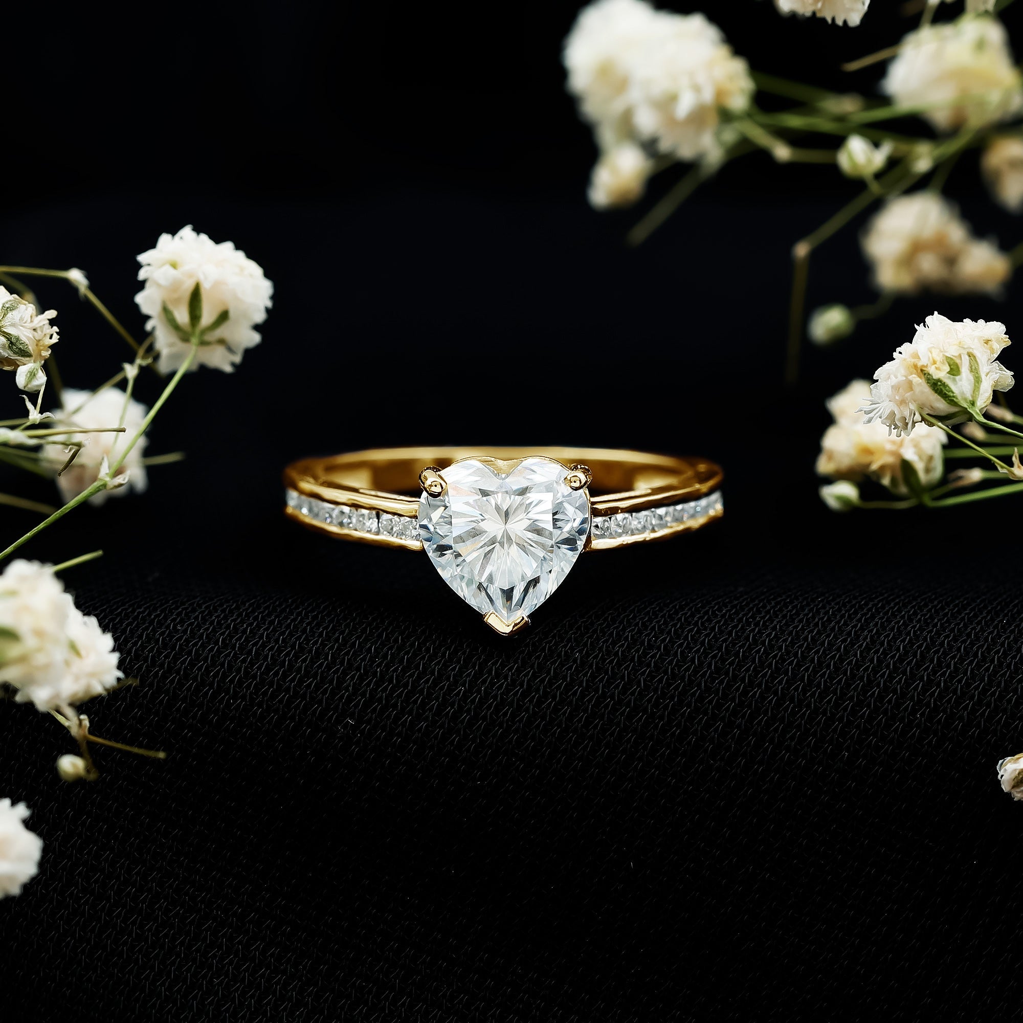 Moissanite 2 Carat Heart Engagement Ring with Side Stones