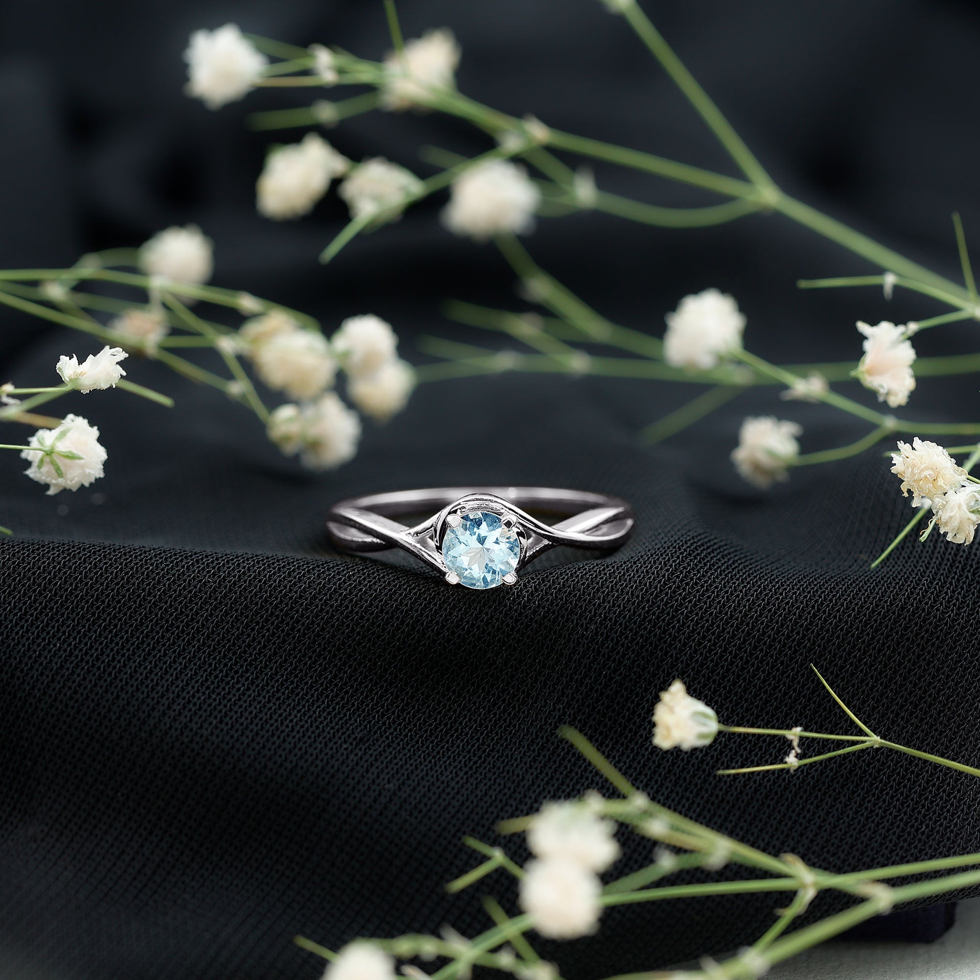 Solitaire Aquamarine Birthstone Ring with Crossover Shank
