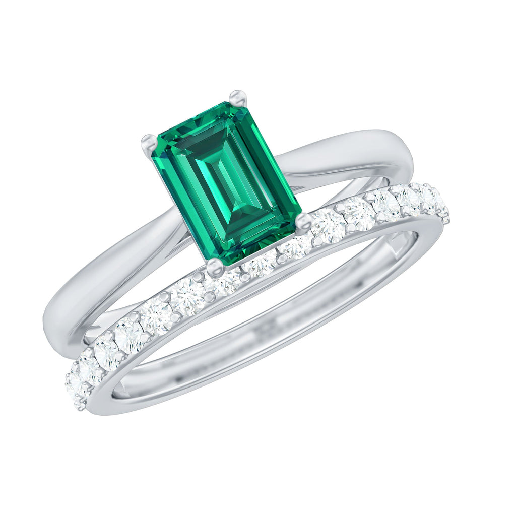 Certified 1.5 Carat Lab Grown Emerald Cut Emerald Engagement Ring with Ring Guard