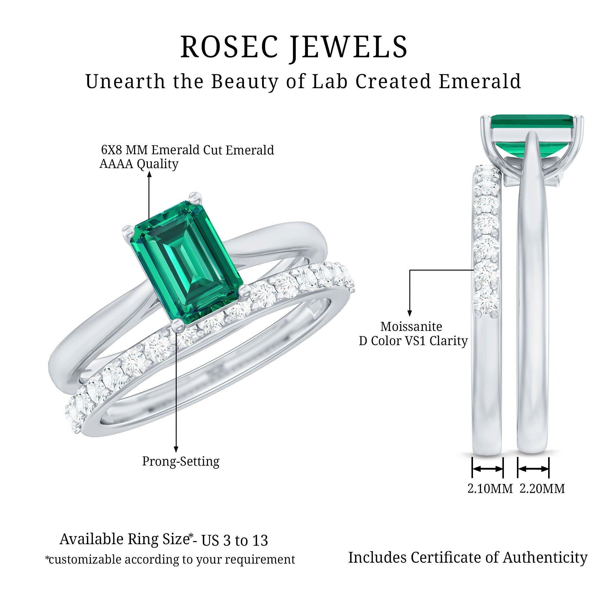 Certified 1.5 Carat Lab Grown Emerald Cut Emerald Engagement Ring with Ring Guard