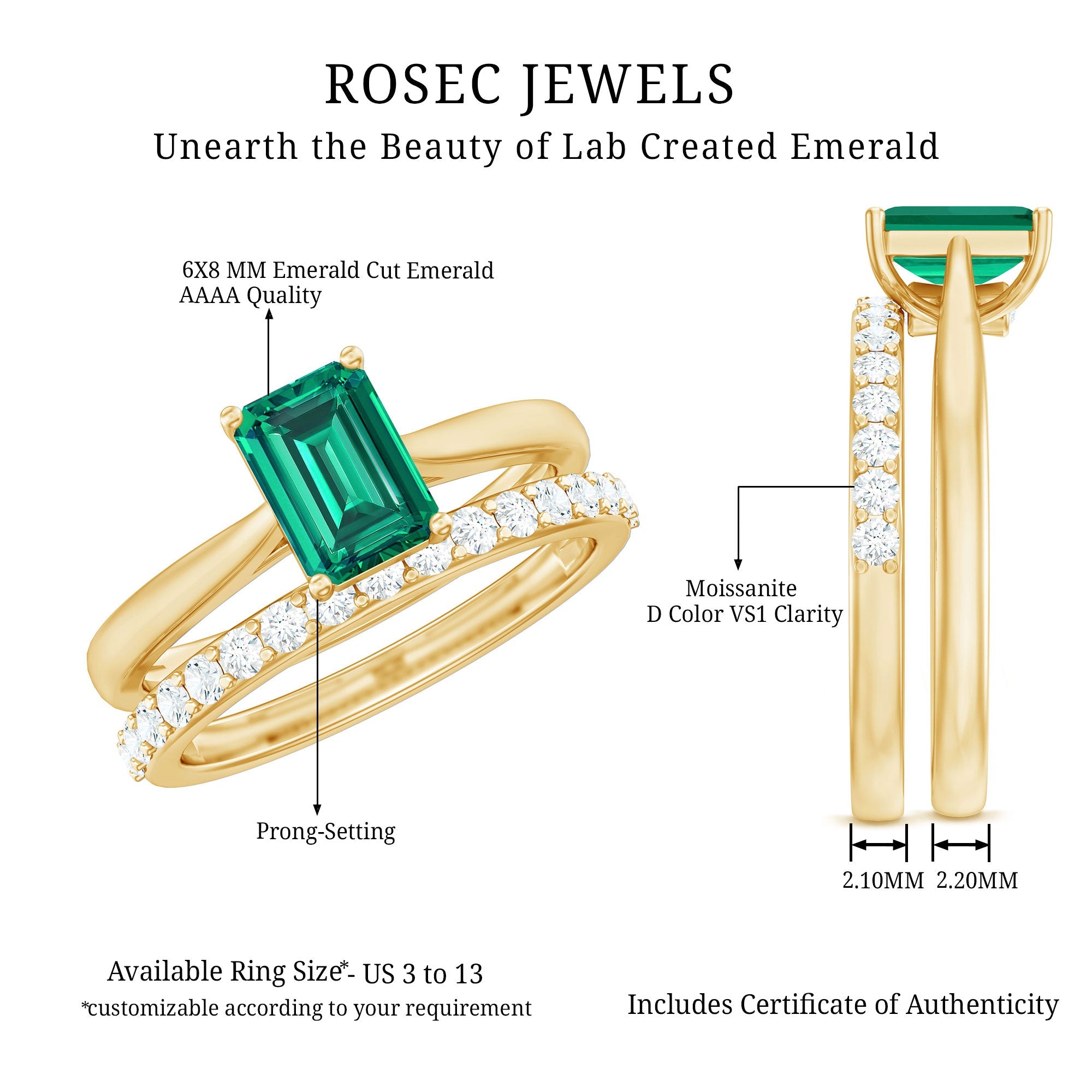 Certified 1.5 Carat Lab Grown Emerald Cut Emerald Engagement Ring with Ring Guard