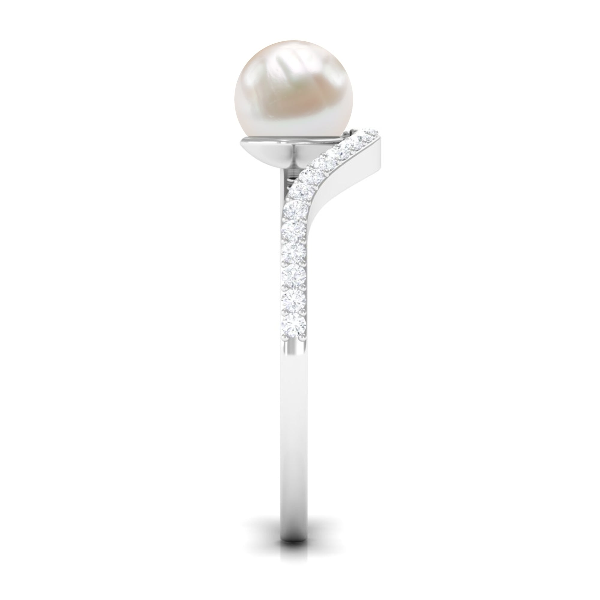 Cultured 2 Carat White Pearl Engagement Ring with Diamond Bypass Shank