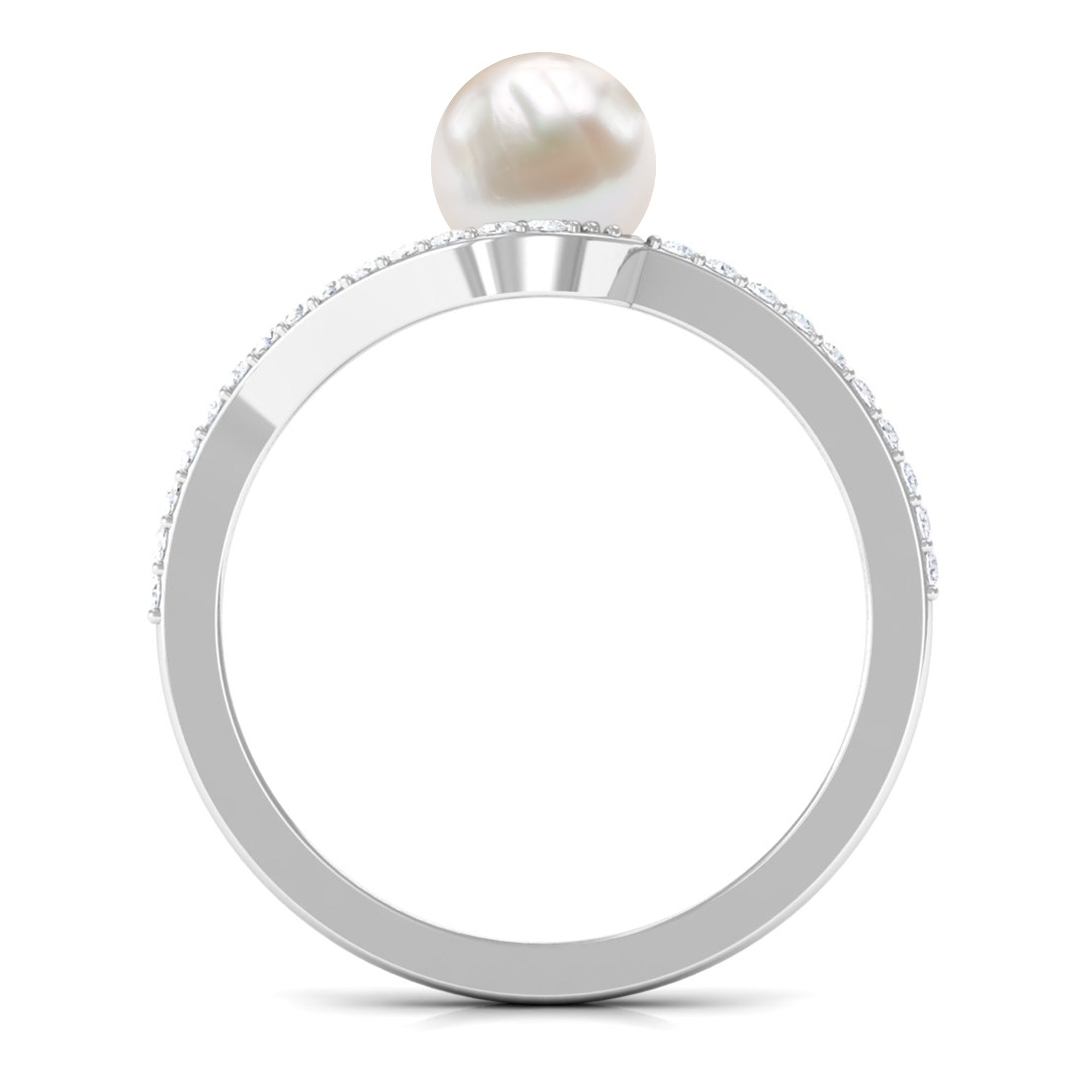 Cultured 2 Carat White Pearl Engagement Ring with Diamond Bypass Shank