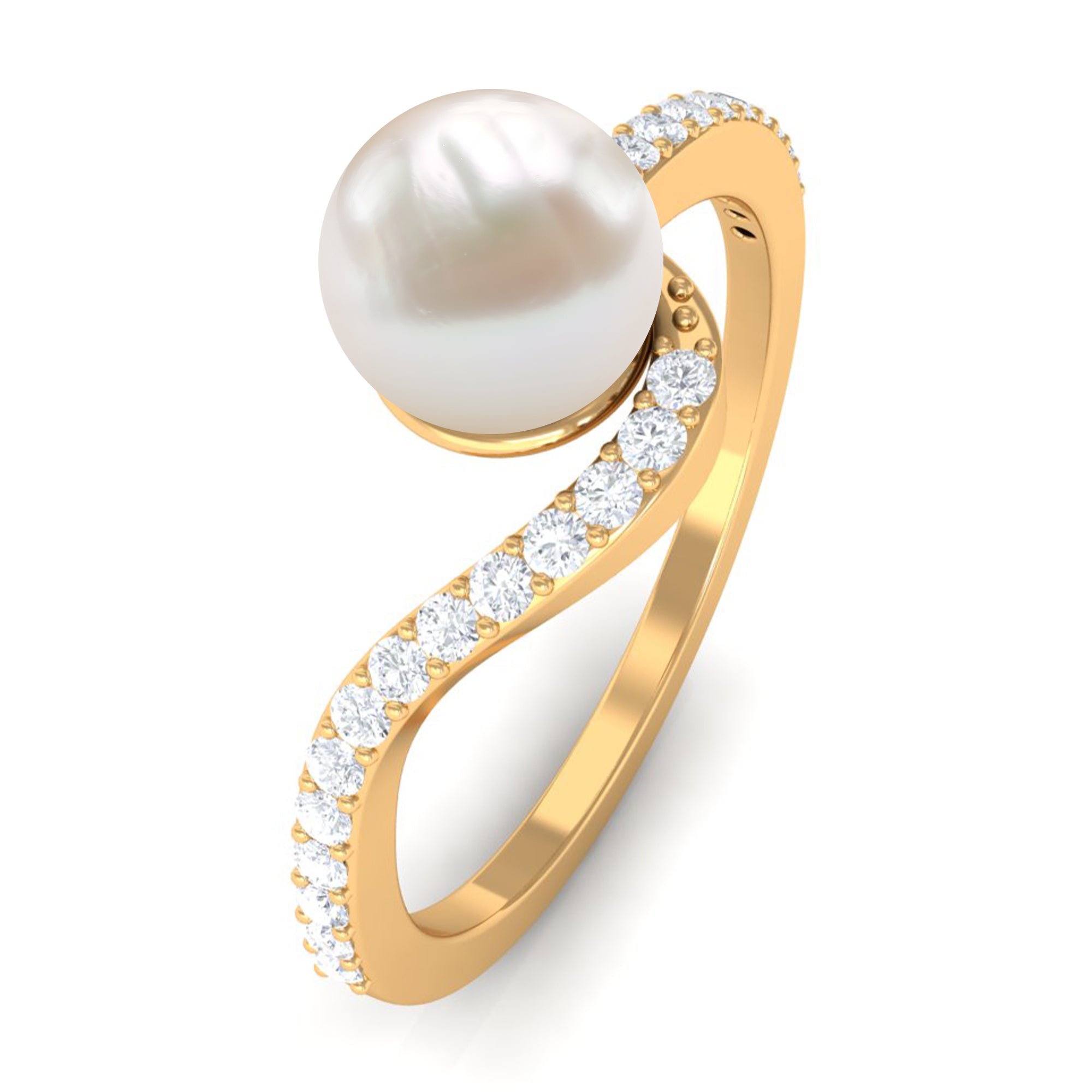 Cultured 2 Carat White Pearl Engagement Ring with Diamond Bypass Shank
