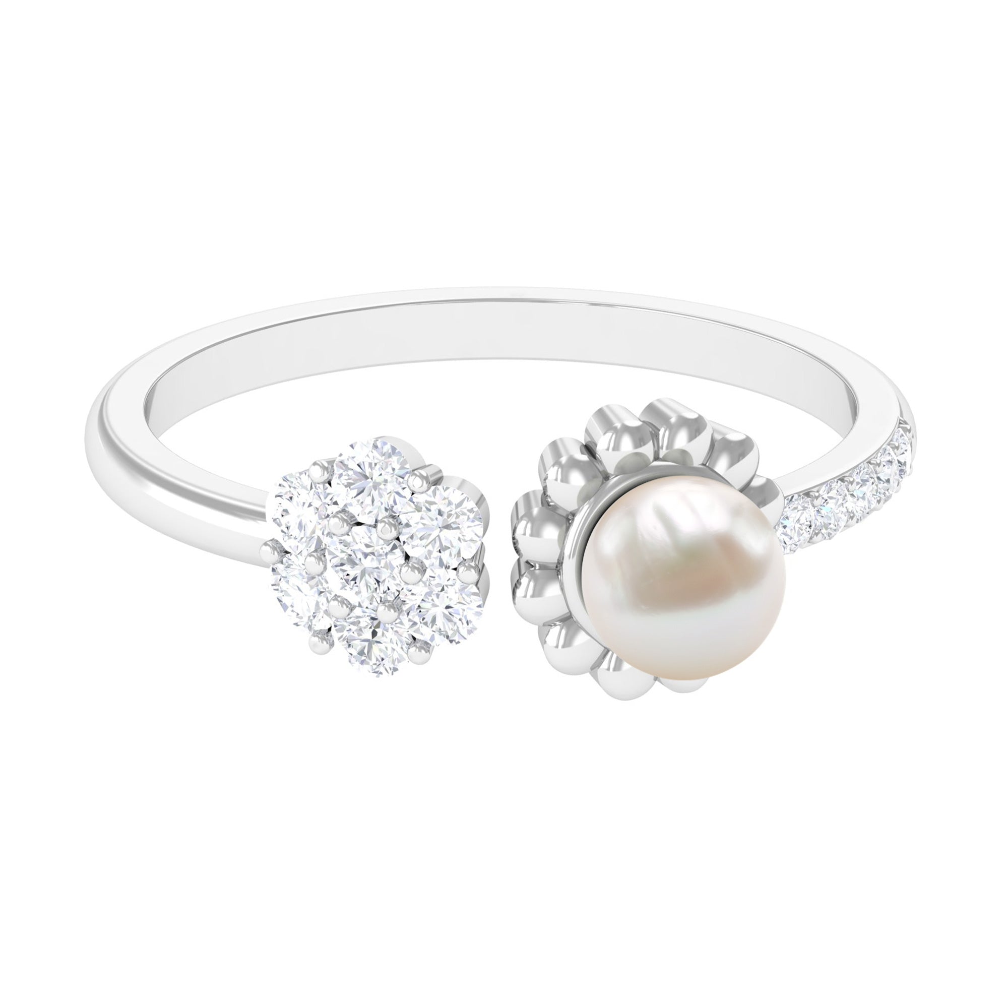 Natural 2 Carat Freshwater Pearl Diamond Flower Cuff Ring