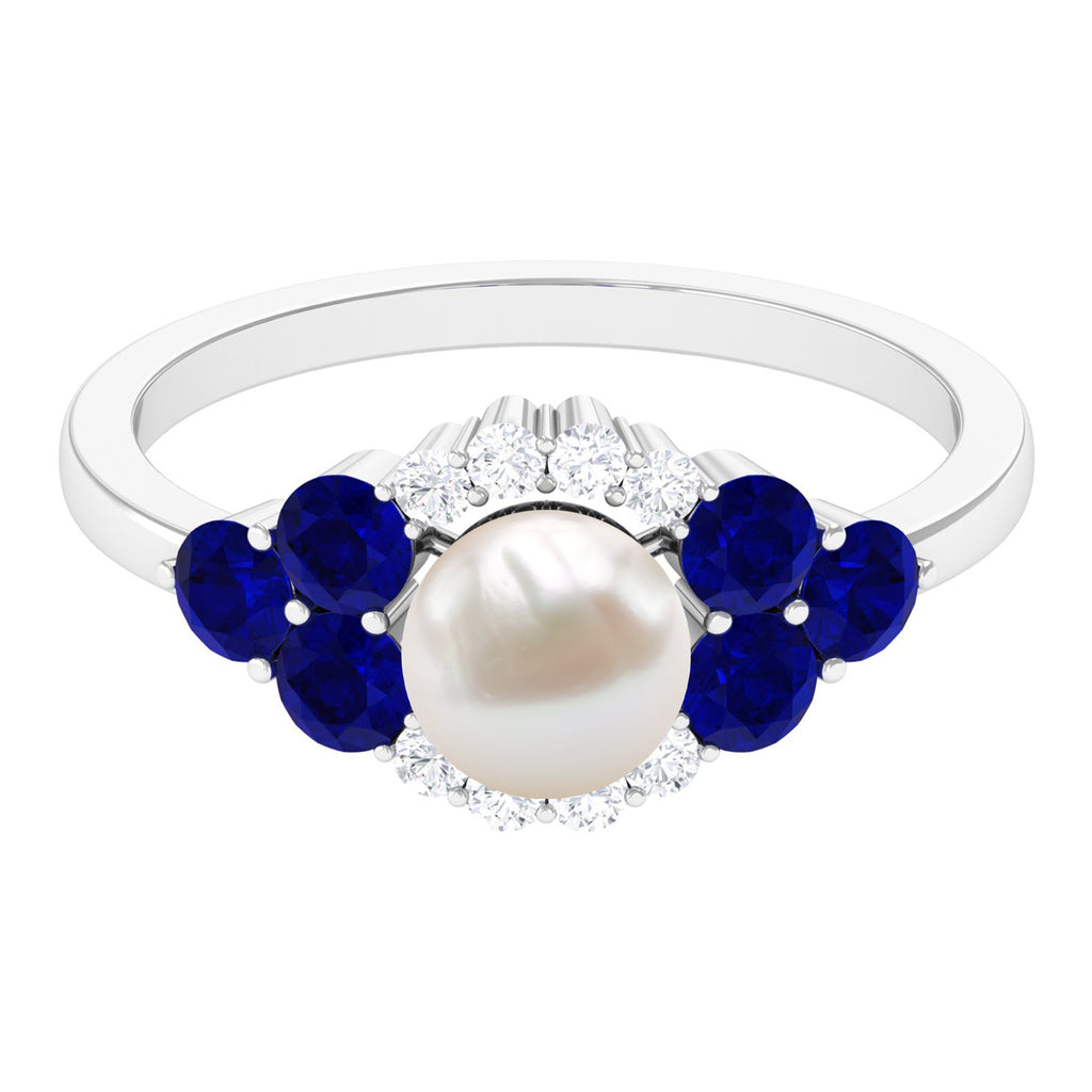 2 Carat Freshwater Pearl and Blue Sapphire Engagement Ring with Diamond