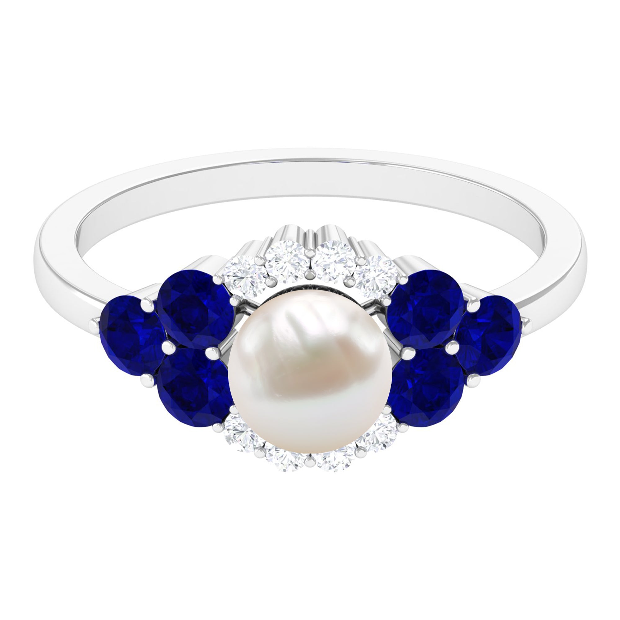 2 Carat Freshwater Pearl and Blue Sapphire Engagement Ring with Diamond