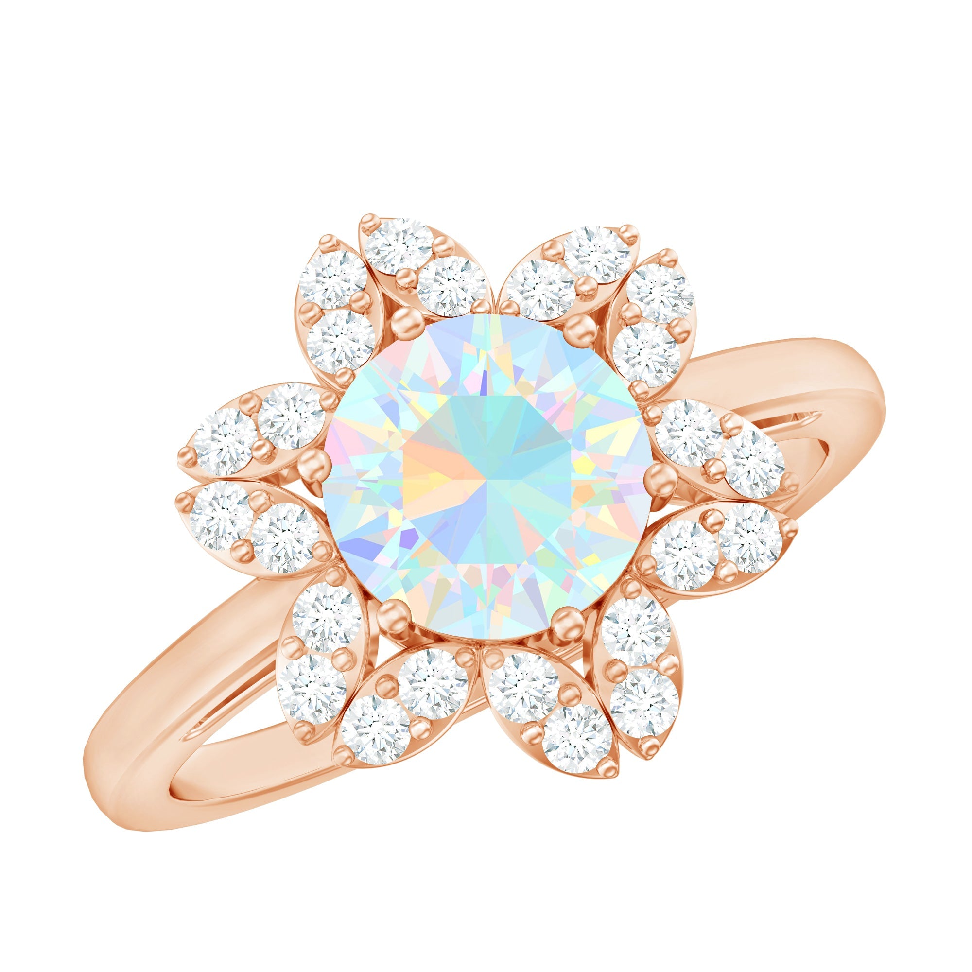 8mm Round Shape Ethiopian Opal Floral Engagement Ring with Diamond