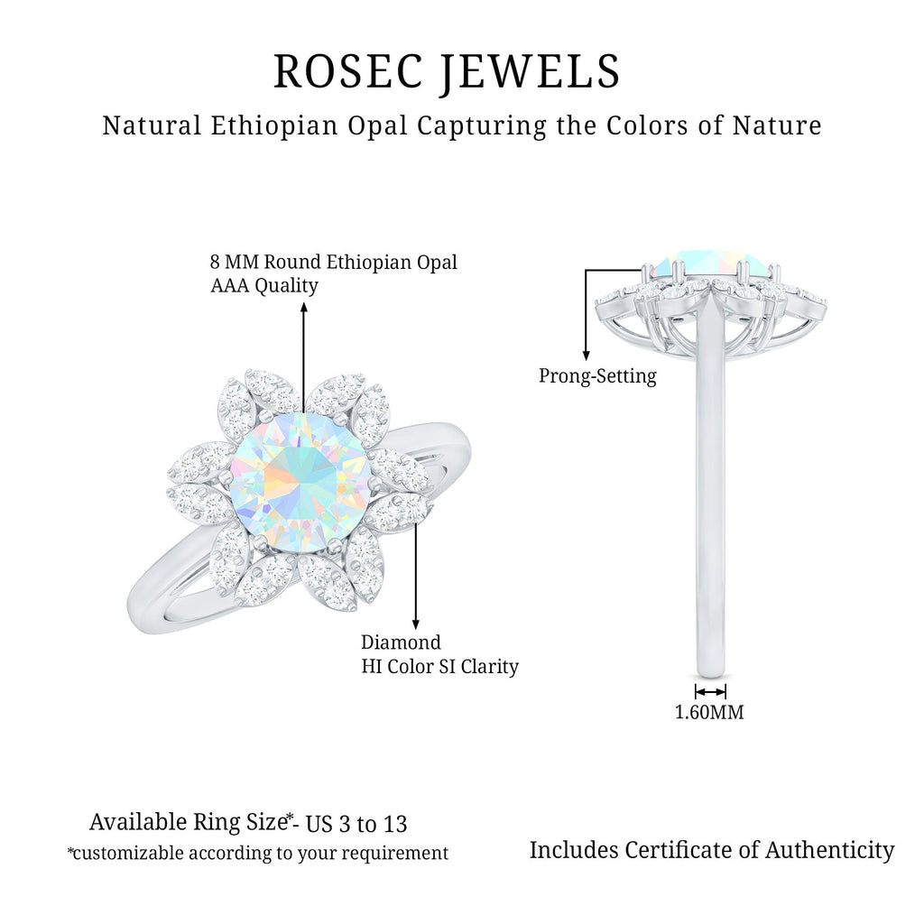 8mm Round Shape Ethiopian Opal Floral Engagement Ring with Diamond