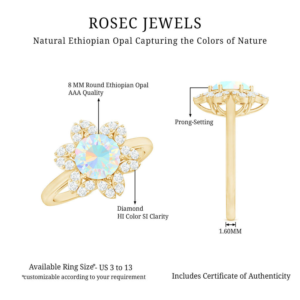 8mm Round Shape Ethiopian Opal Floral Engagement Ring with Diamond