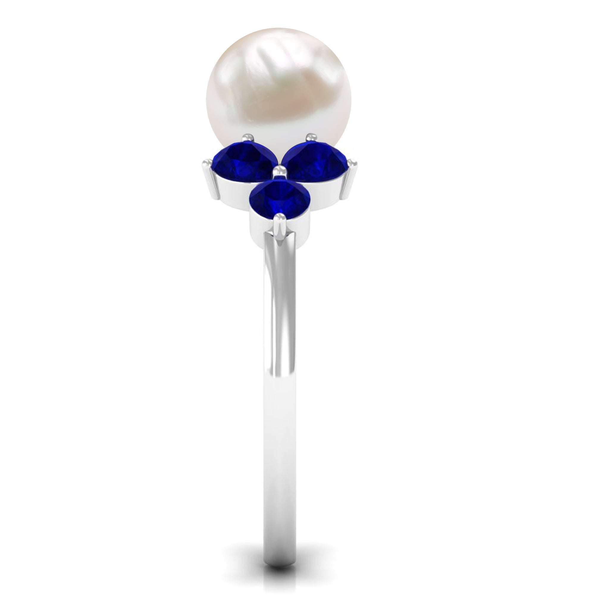 Natural 7.4 Carat Freshwater Pearl Engagement Ring with Blue Sapphire Trio