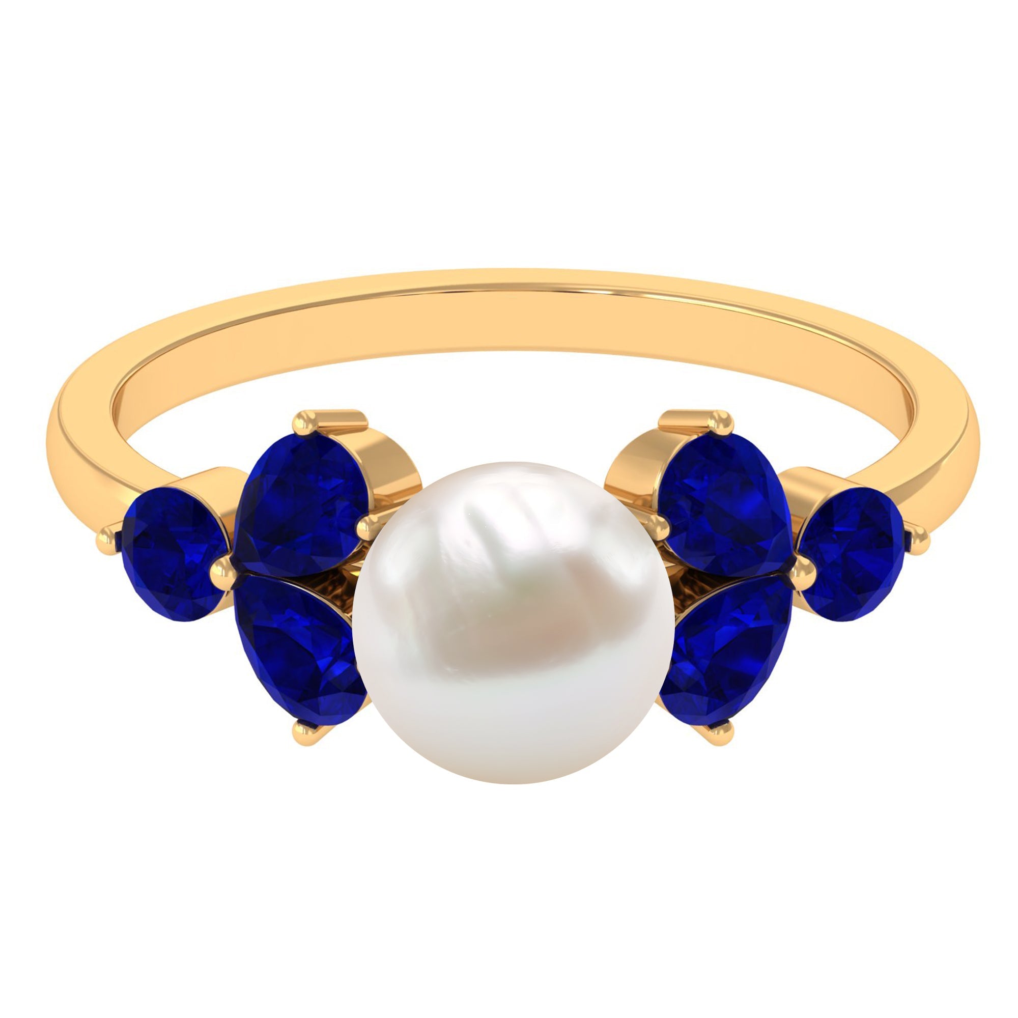 Natural 7.4 Carat Freshwater Pearl Engagement Ring with Blue Sapphire Trio