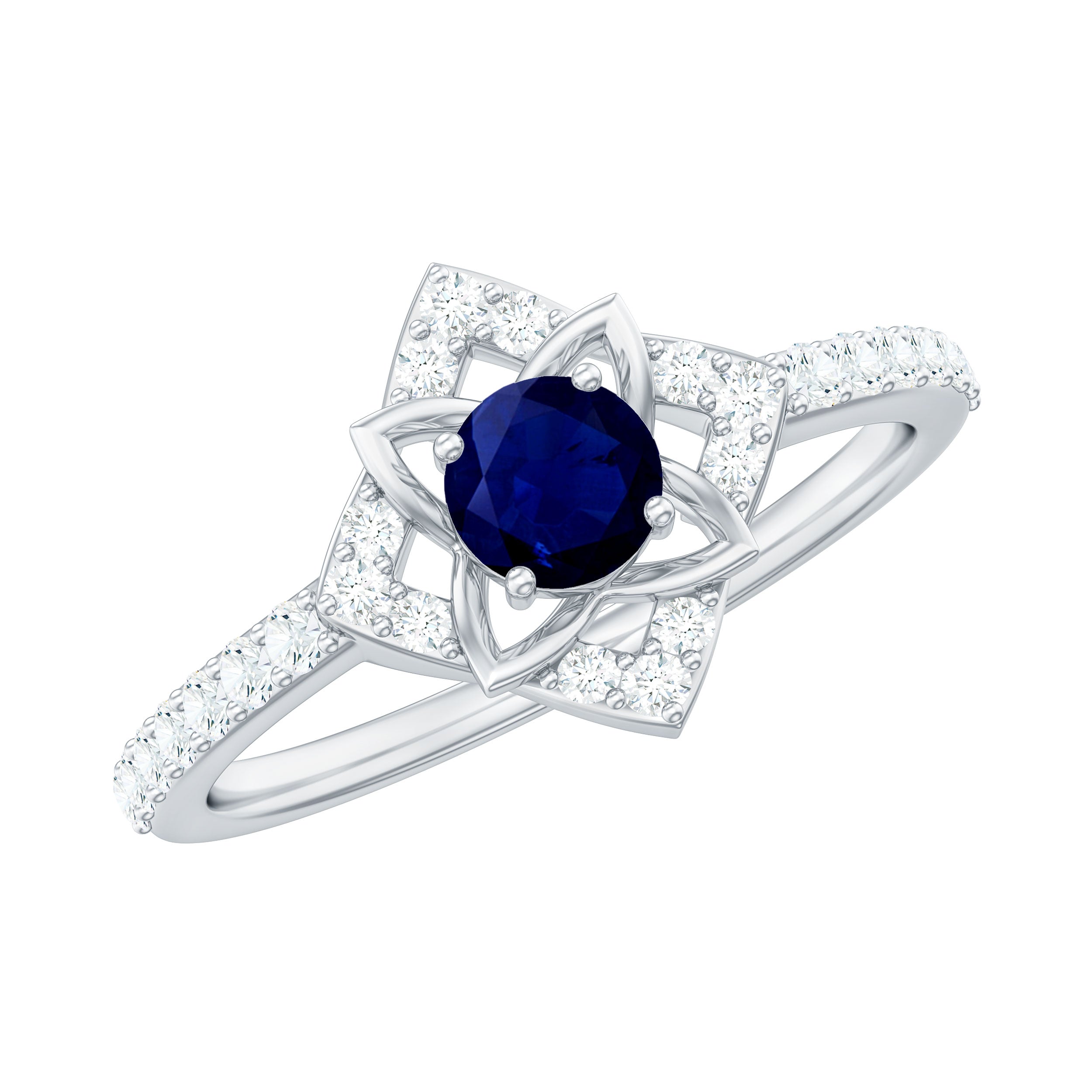 Real Blue Sapphire Diamond Flower Engagement Ring for Women