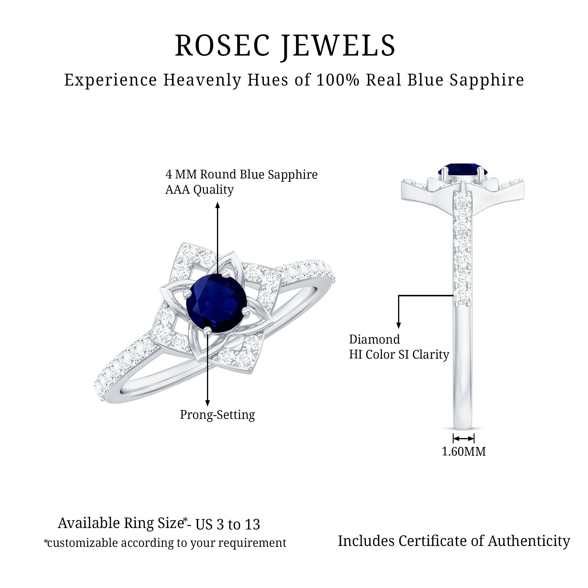 Real Blue Sapphire Diamond Flower Engagement Ring for Women